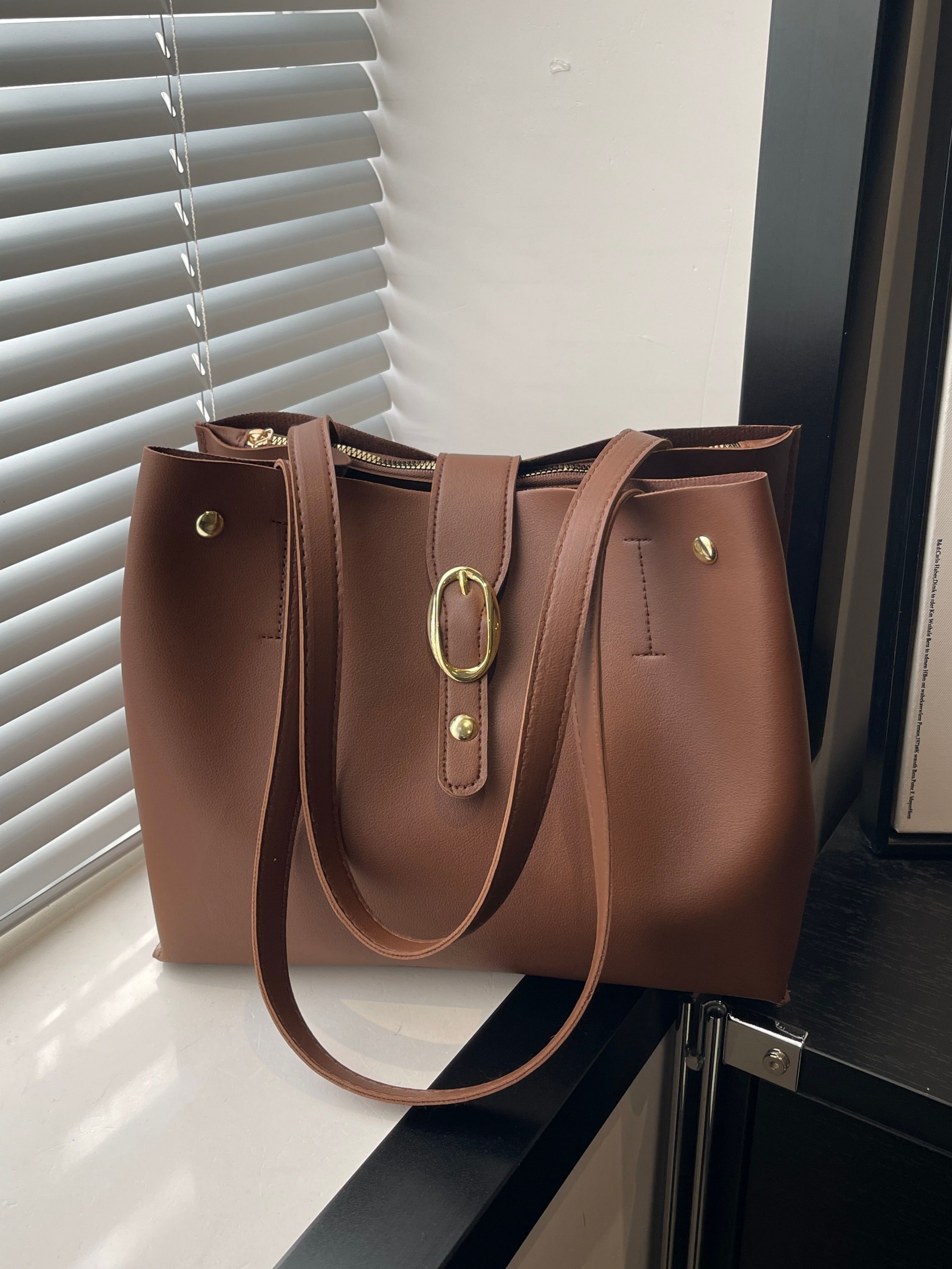 Coffee Brown Shoulder Bag with Buckle Detail