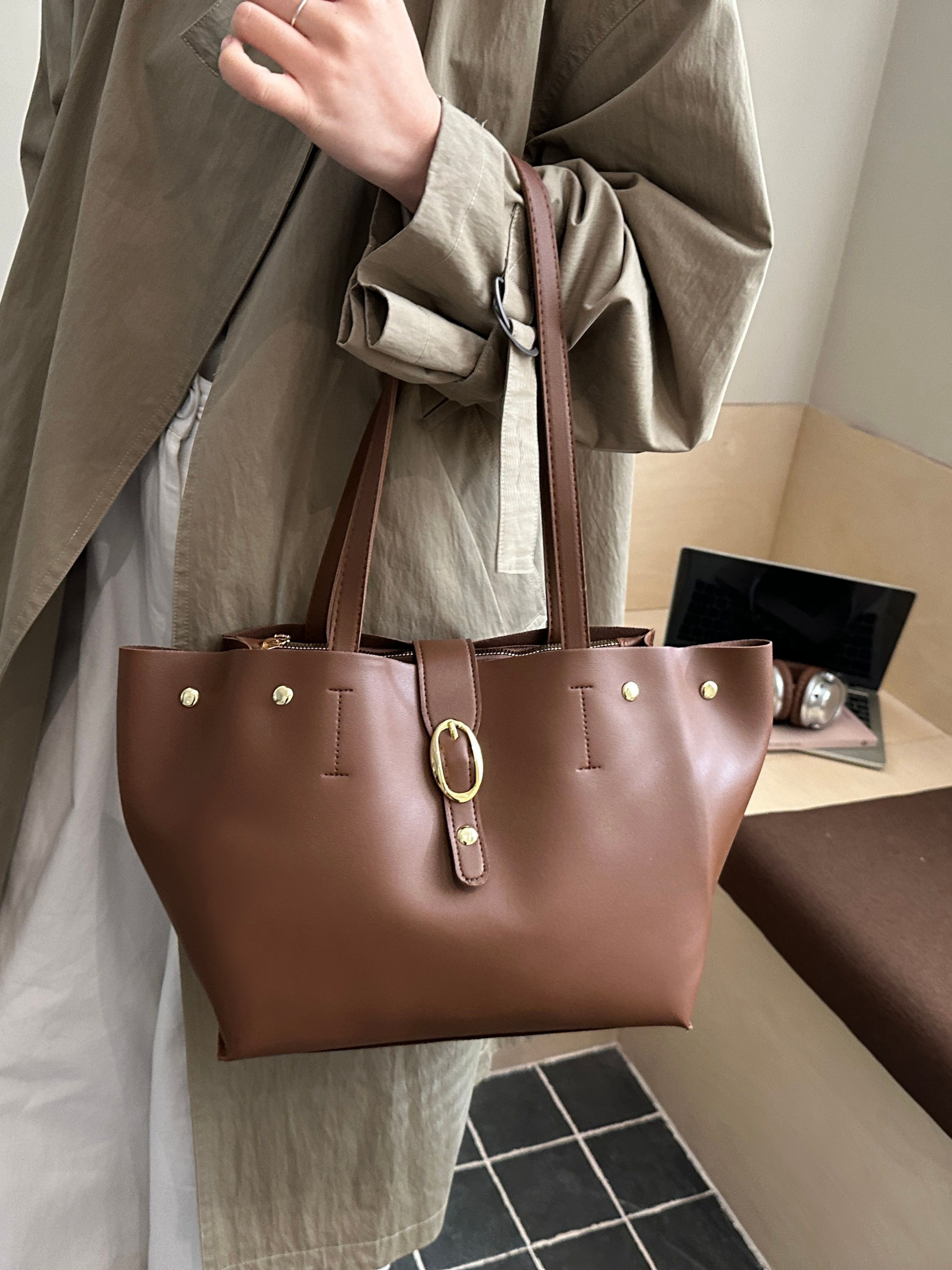 Coffee Brown Shoulder Bag with Buckle Detail