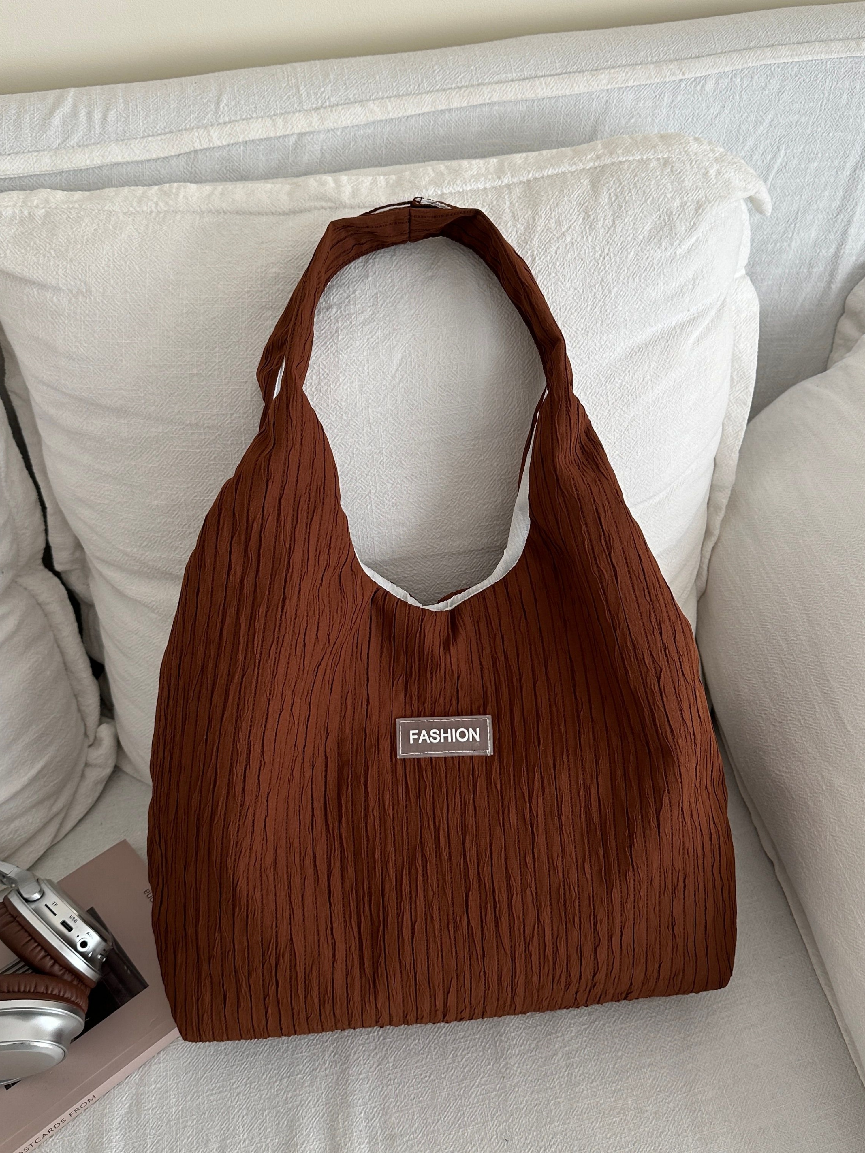 Brown Textured Pleated Shoulder Bag