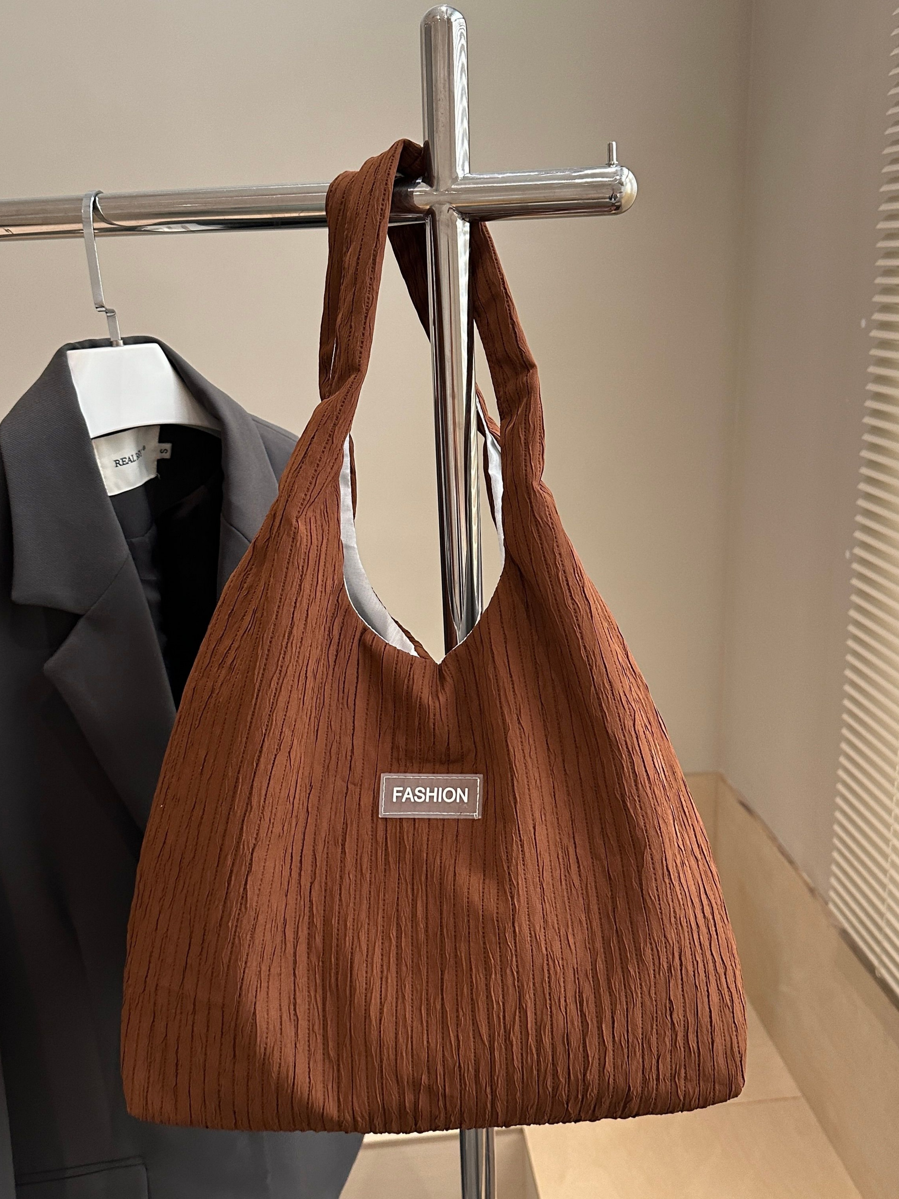 Brown Textured Pleated Shoulder Bag