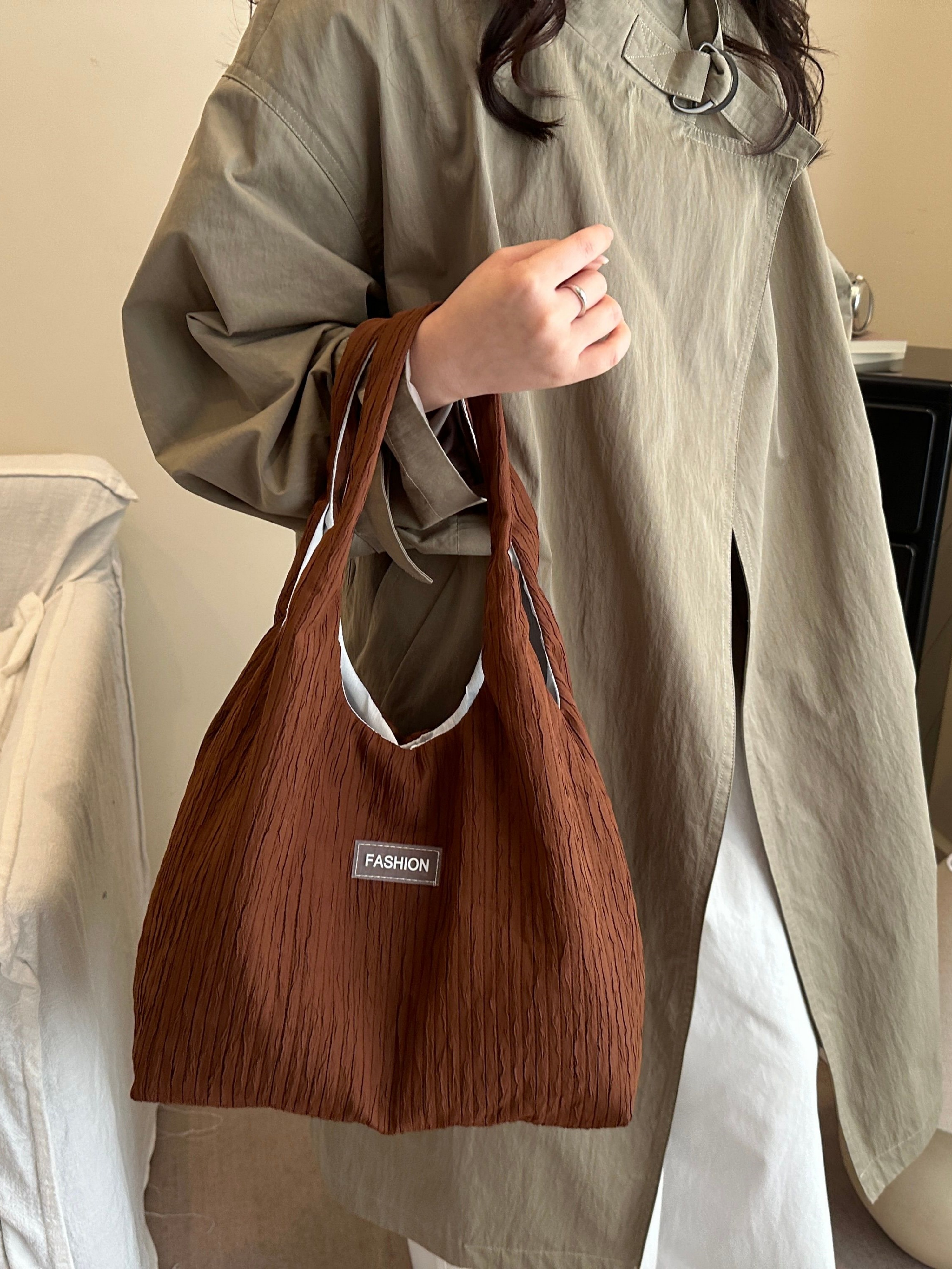 Brown Textured Pleated Shoulder Bag