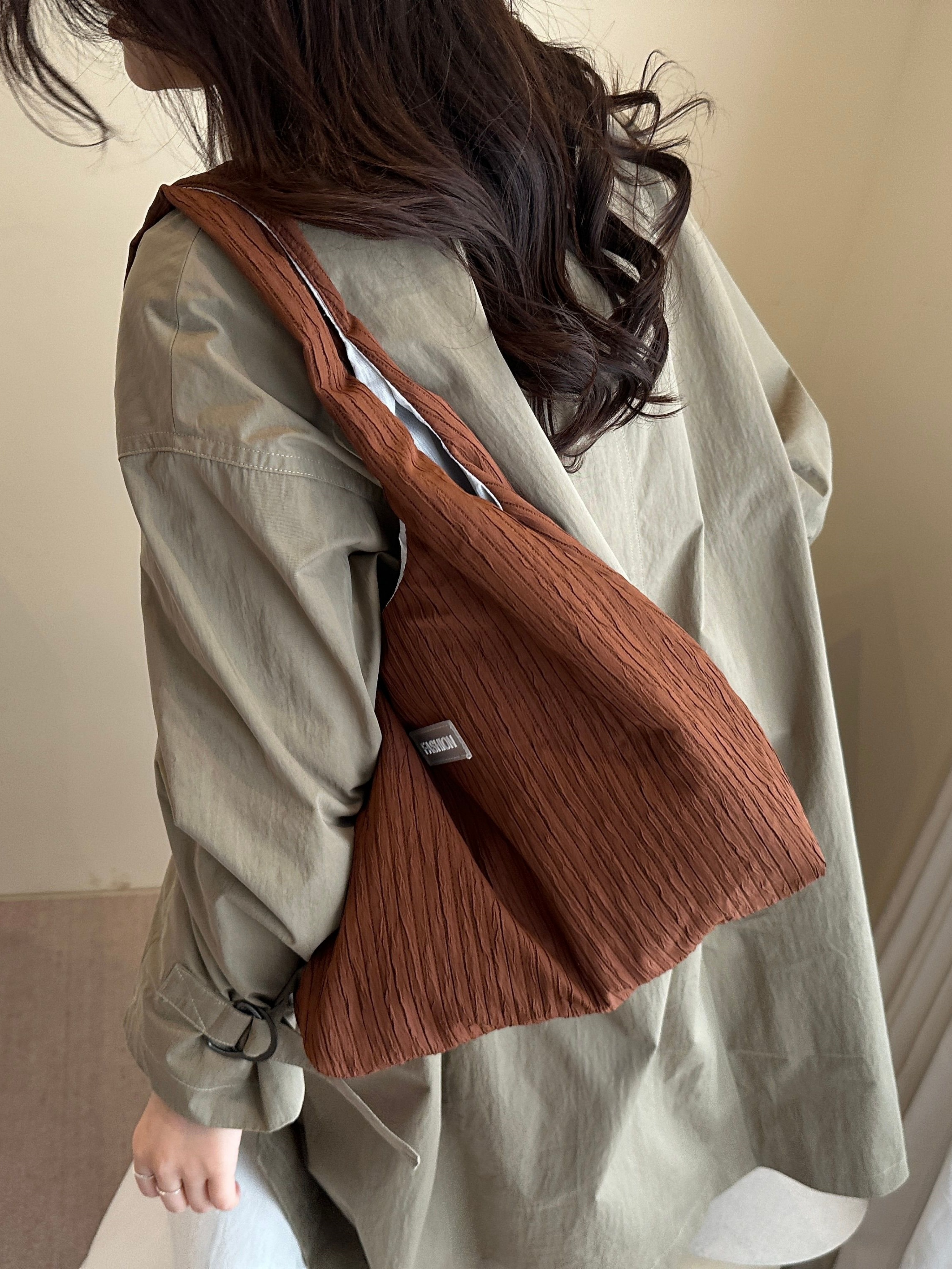 Brown Textured Pleated Shoulder Bag