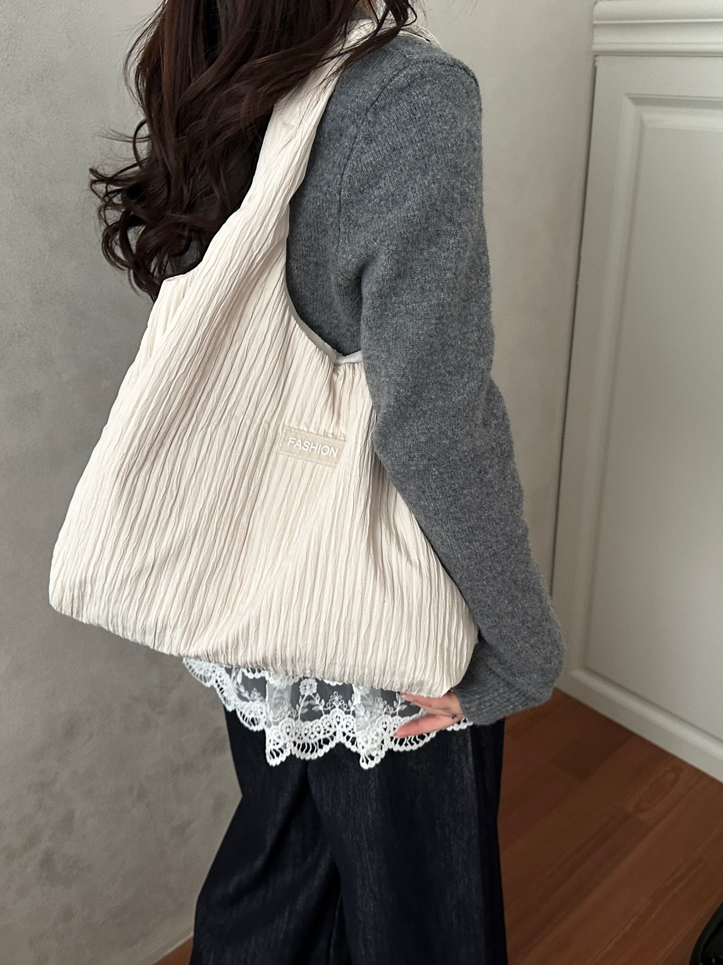 White Pleated Textured Shoulder Bag