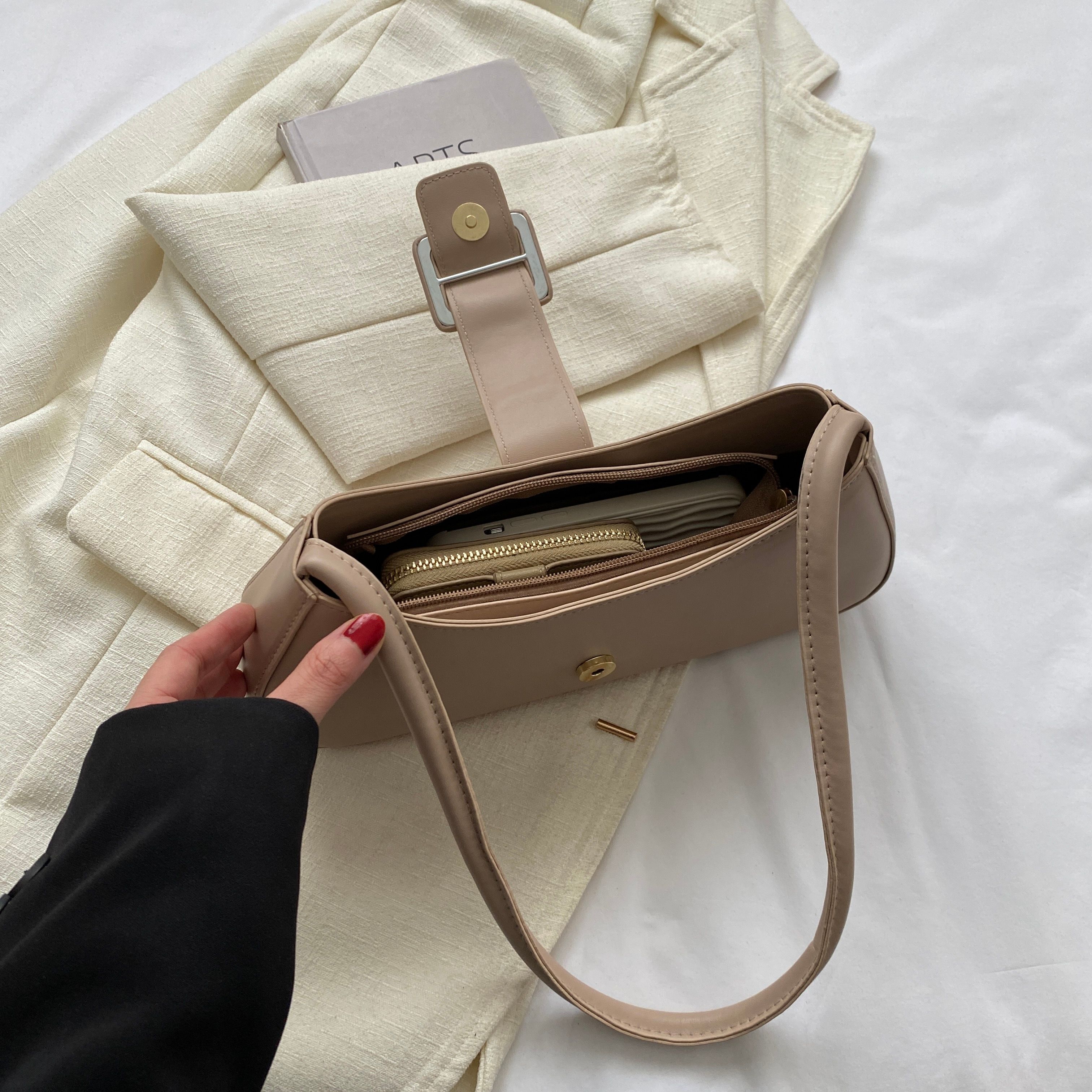 Beige Shoulder Bag with Buckle Detail