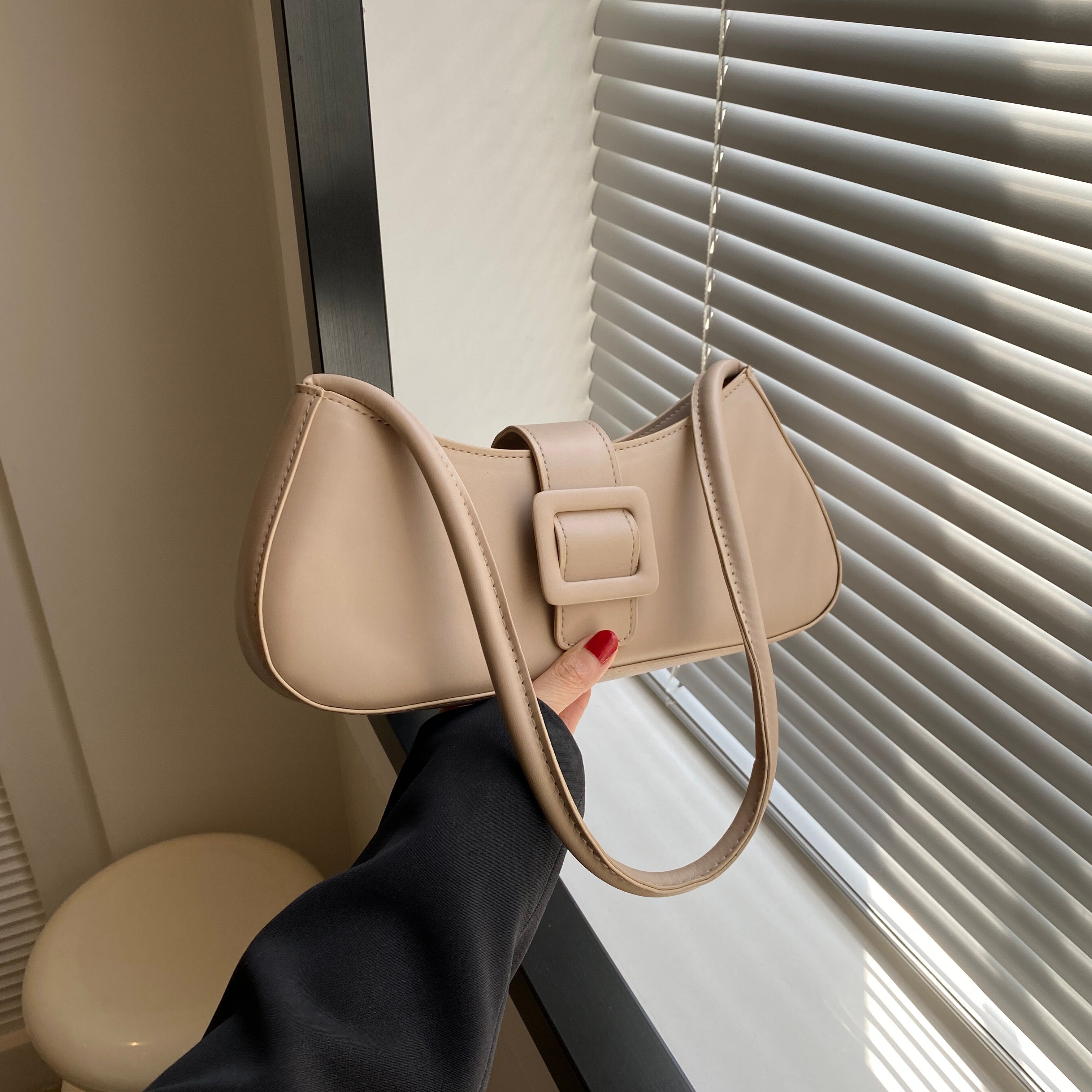 Beige Shoulder Bag with Buckle Detail