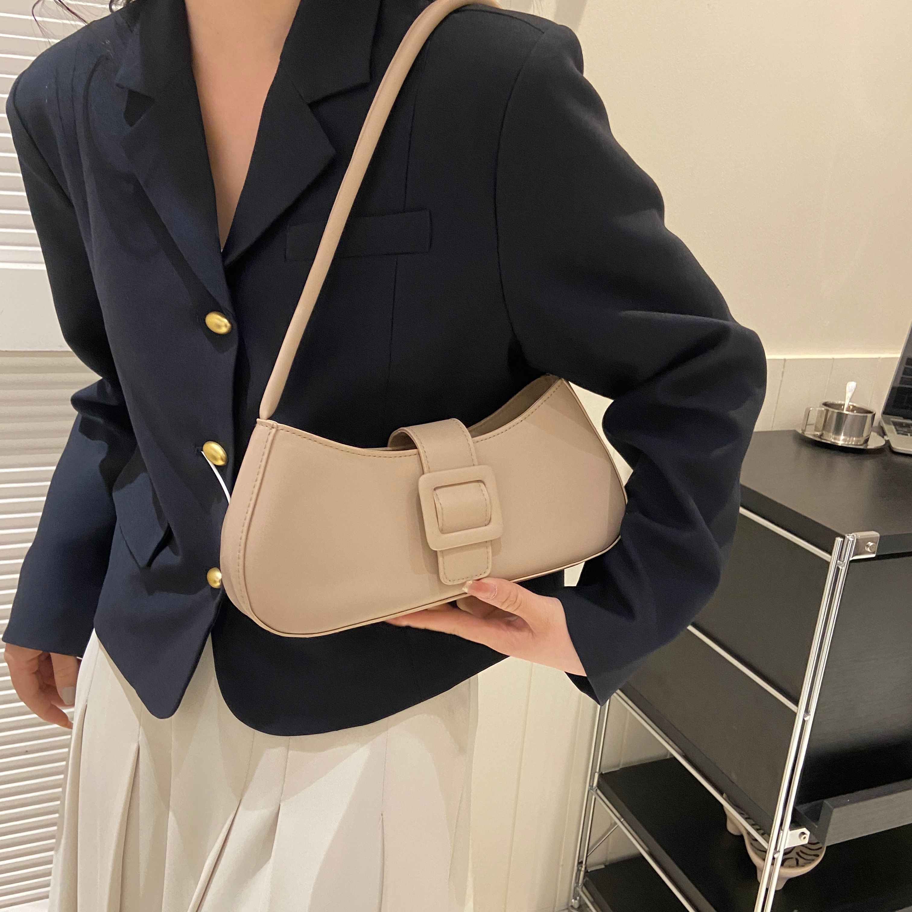Beige Shoulder Bag with Buckle Detail