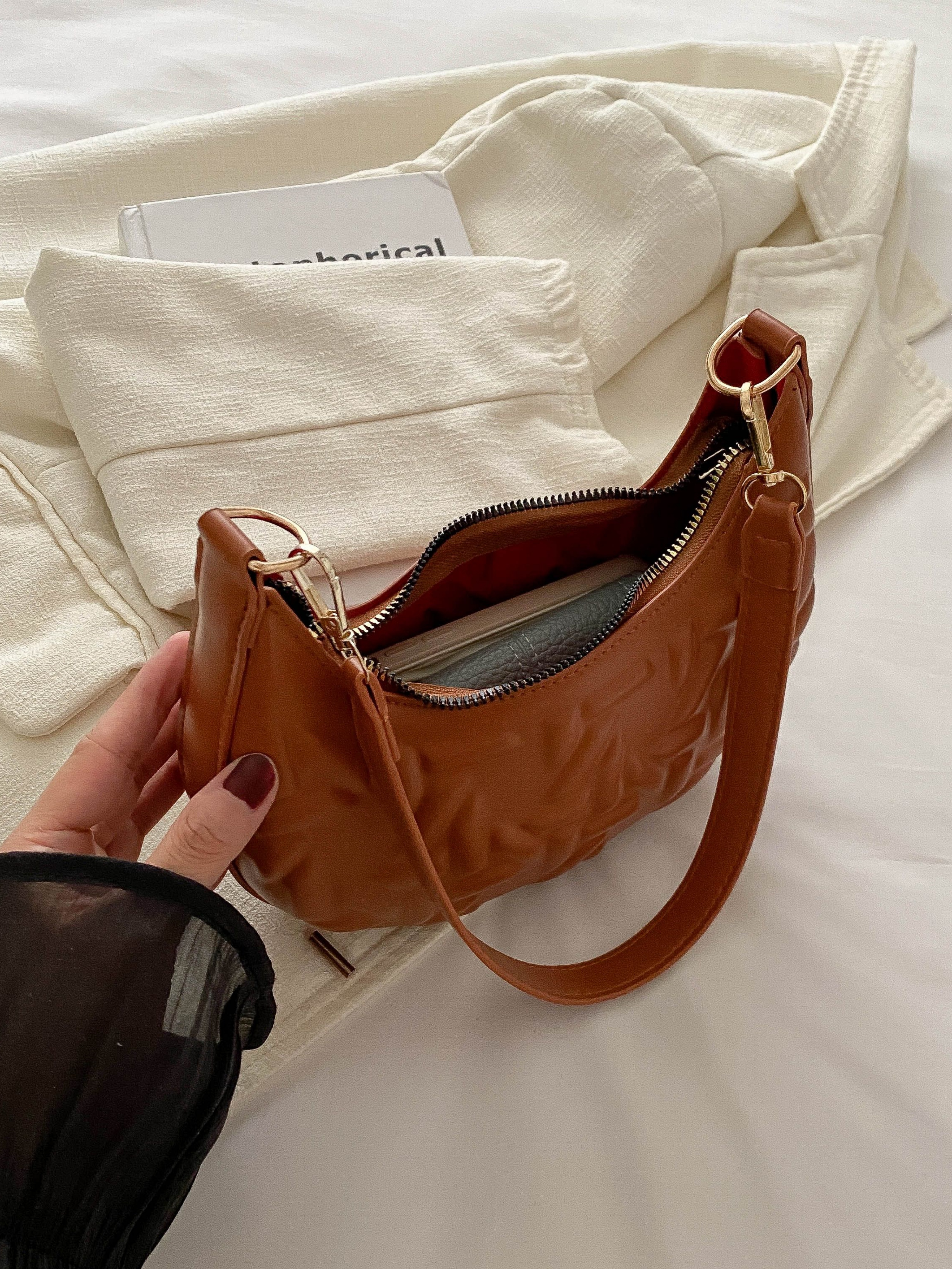 Brown Quilted Crescent Bag