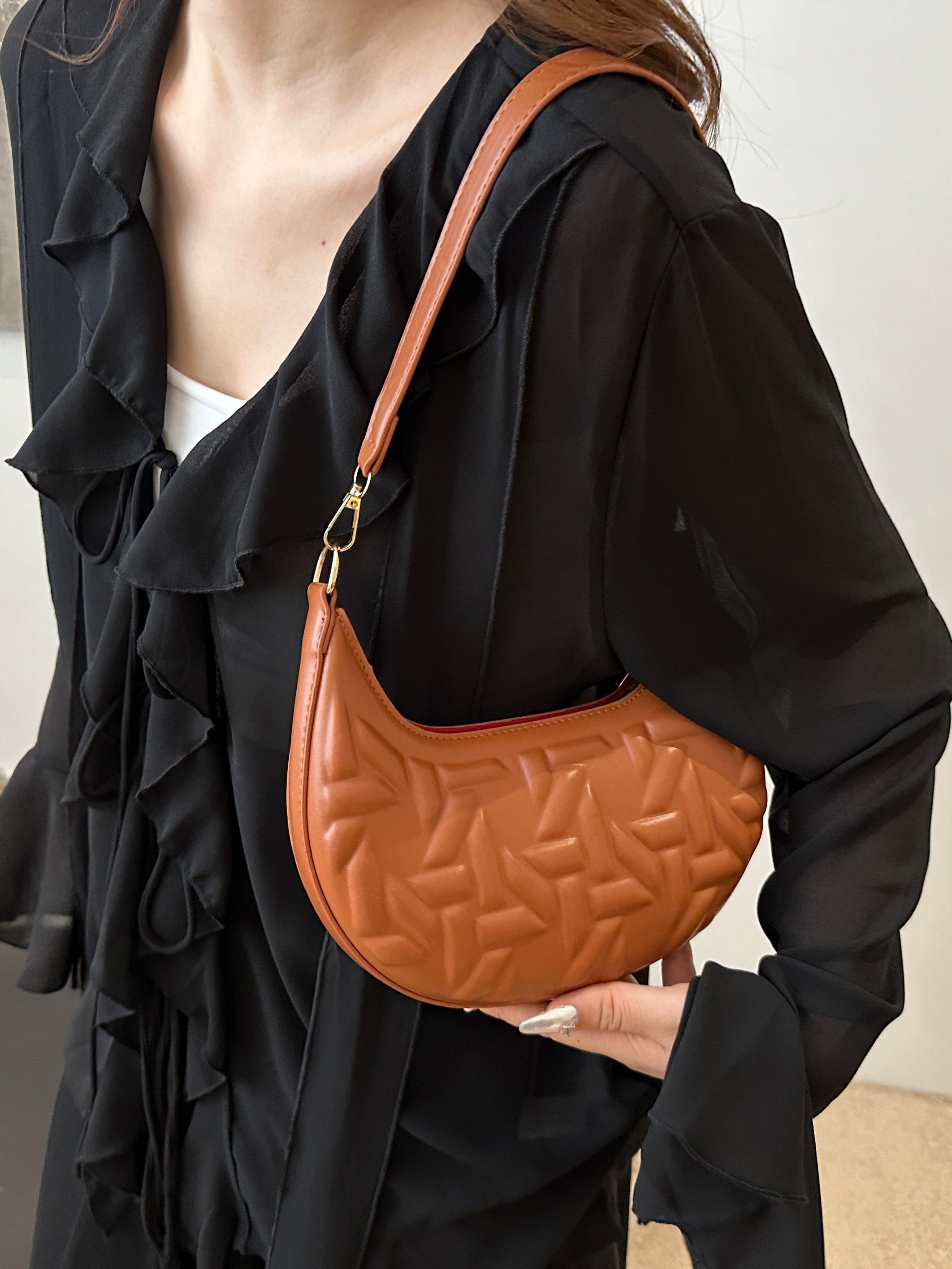 Brown Quilted Crescent Bag
