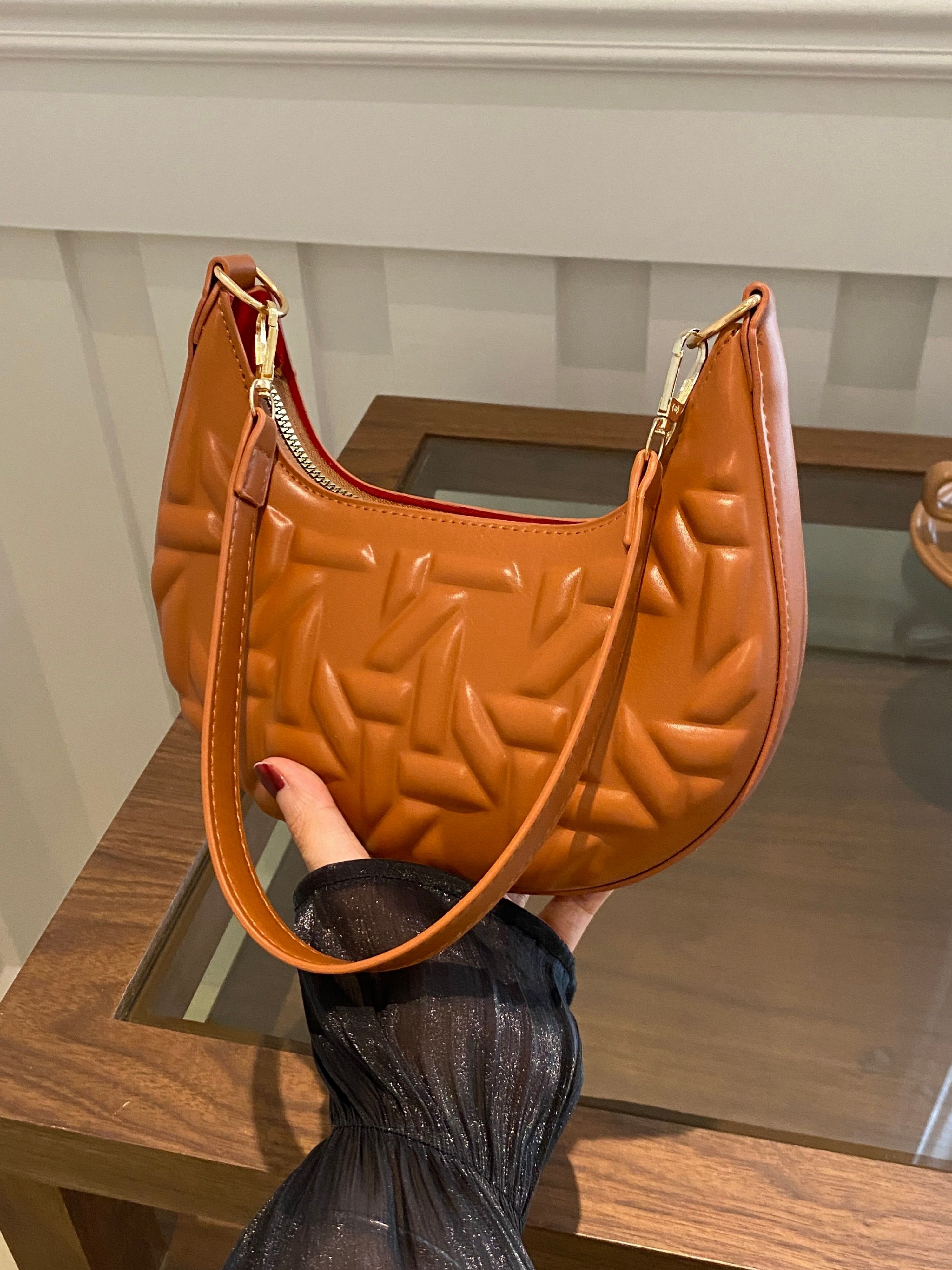 Brown Quilted Crescent Bag