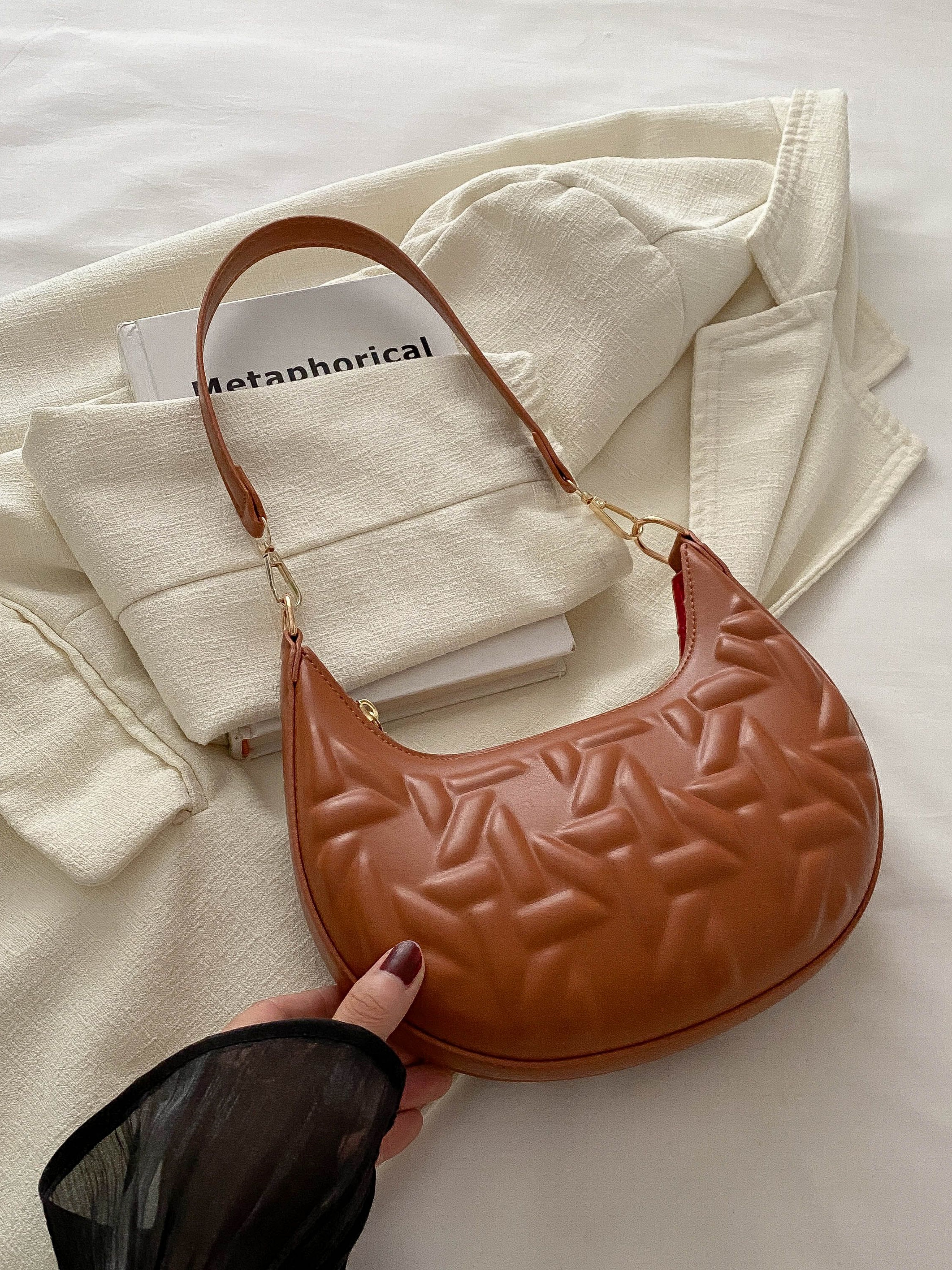 Brown Quilted Crescent Bag