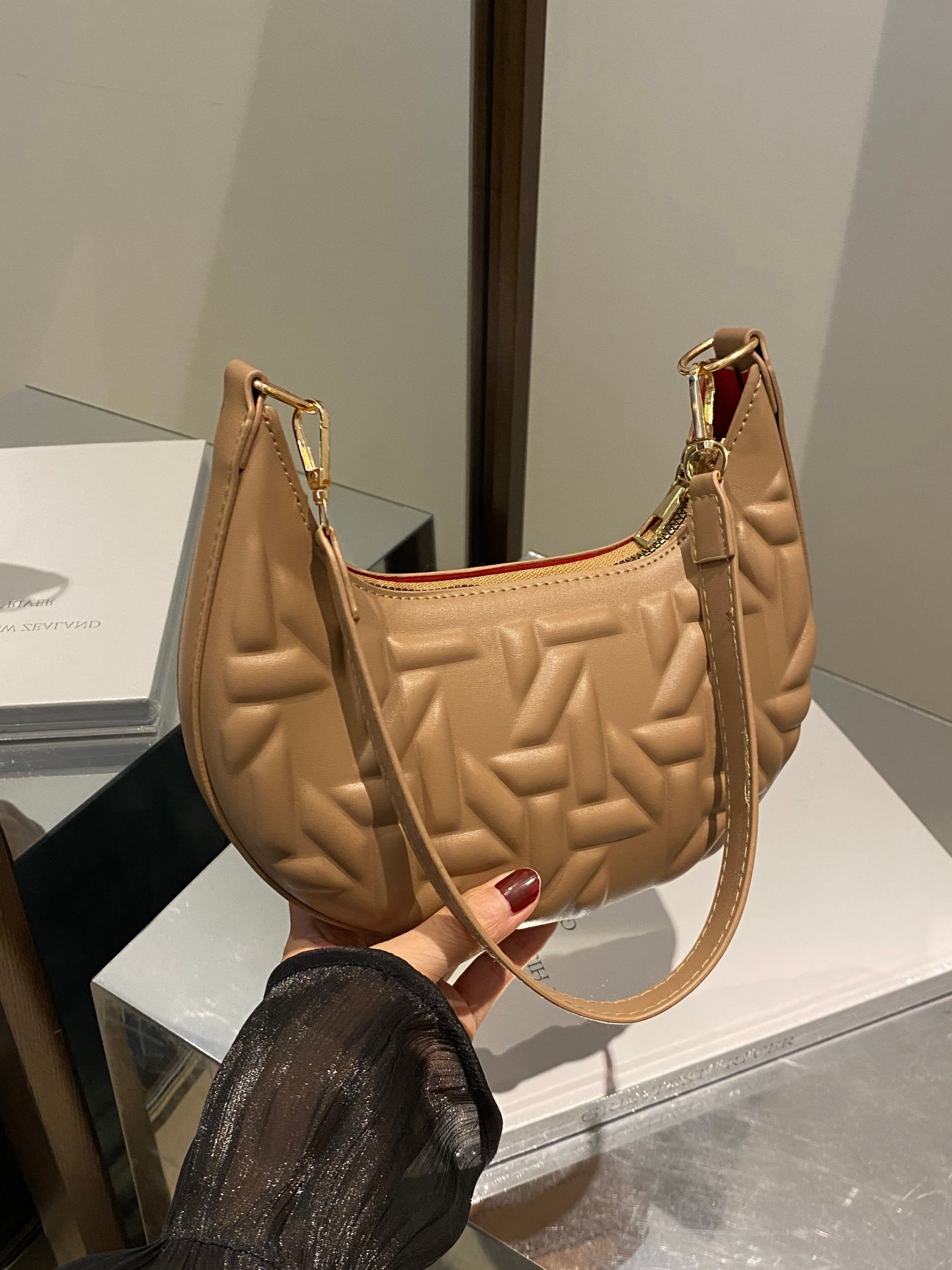 Beige Quilted Crescent Bag