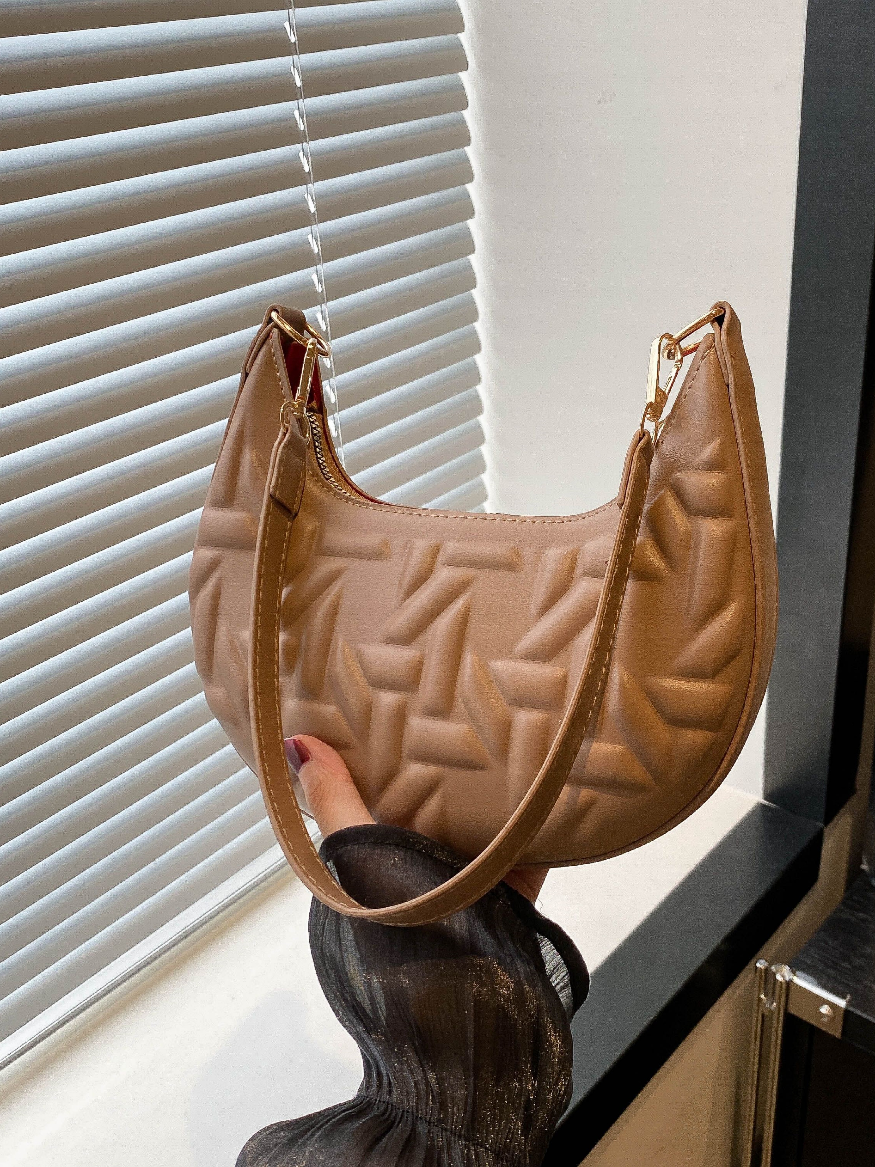 Beige Quilted Crescent Bag