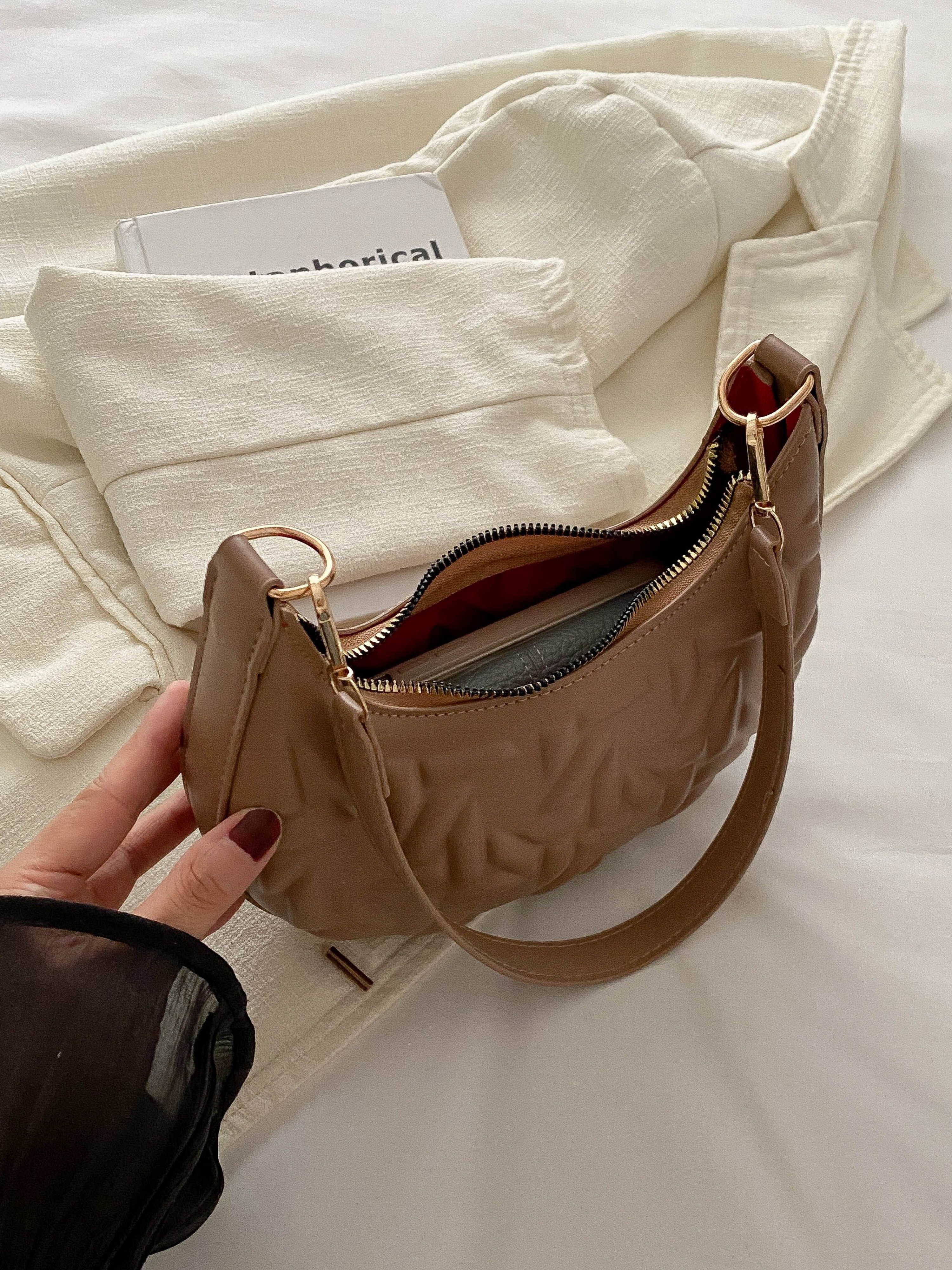 Beige Quilted Crescent Bag