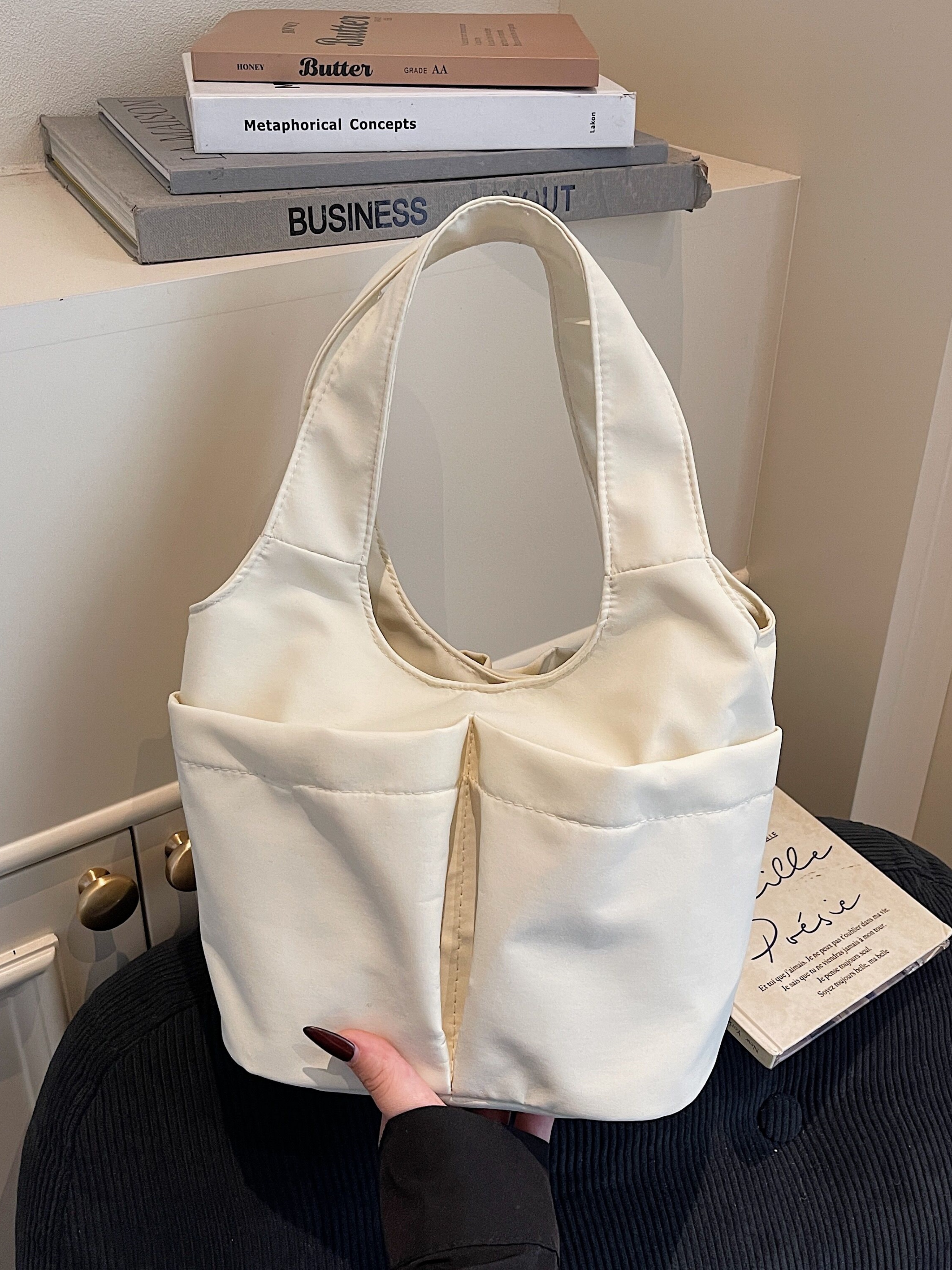 White Shoulder Bag with Button Closure
