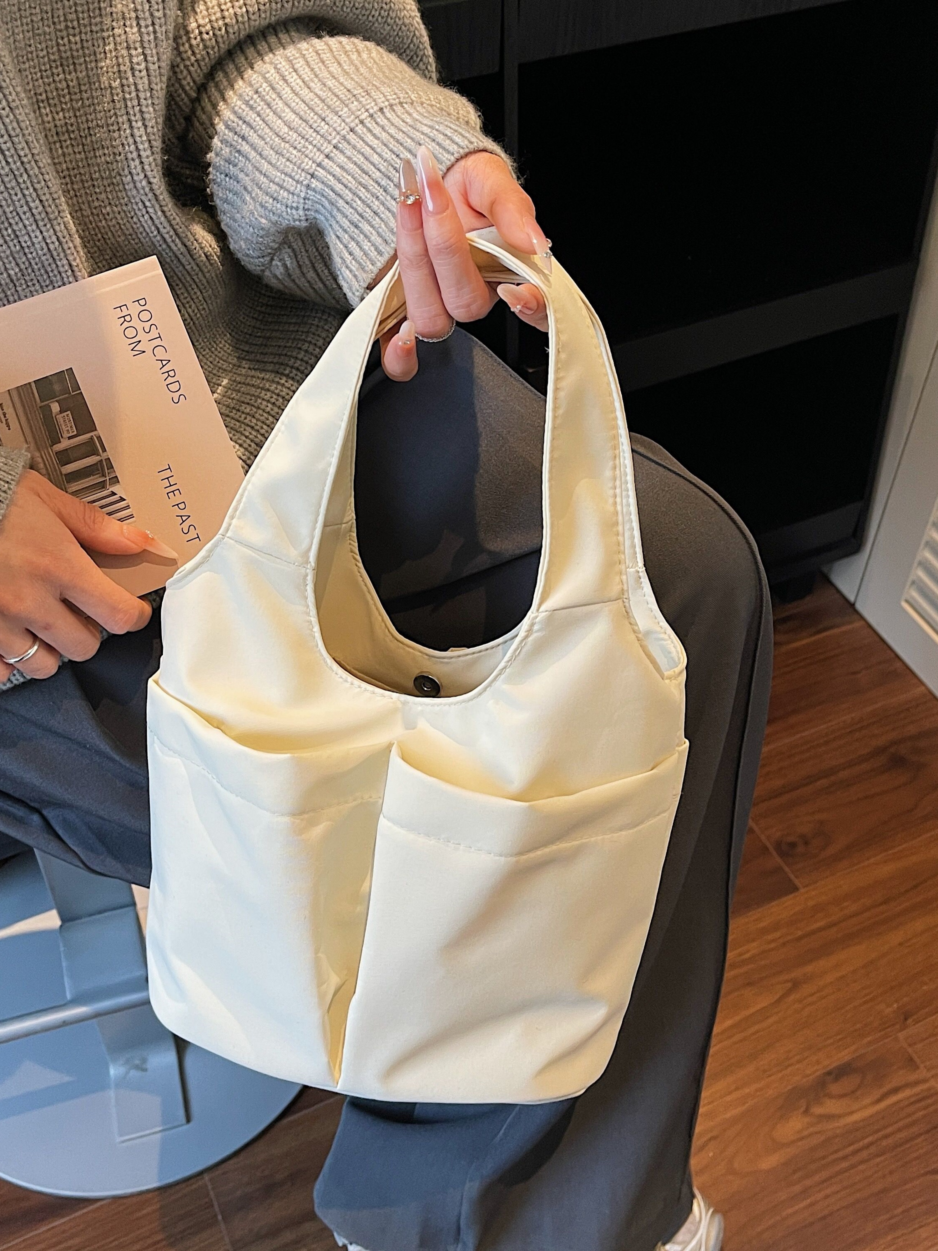 White Shoulder Bag with Button Closure