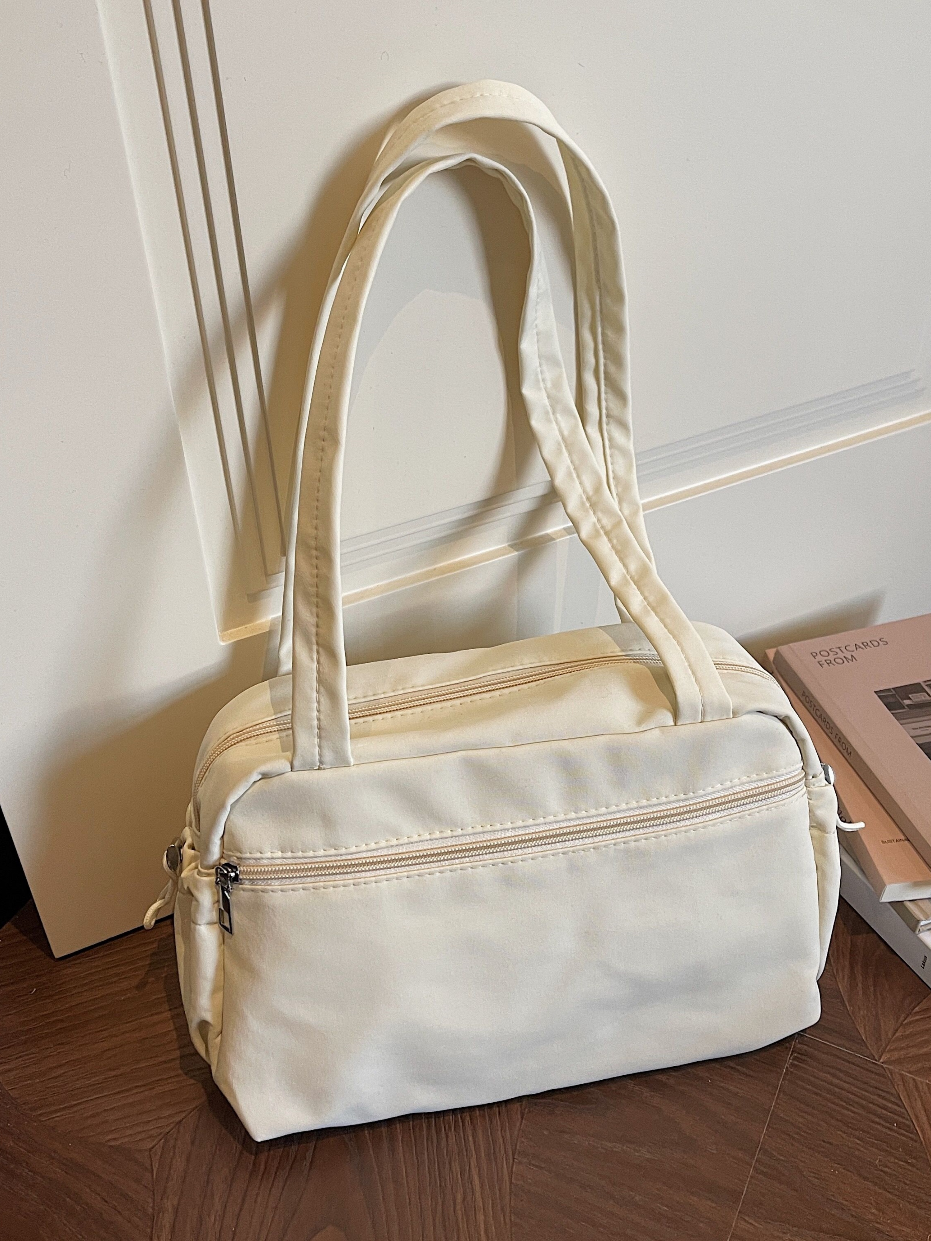 White Shoulder Bag with Zip Closure