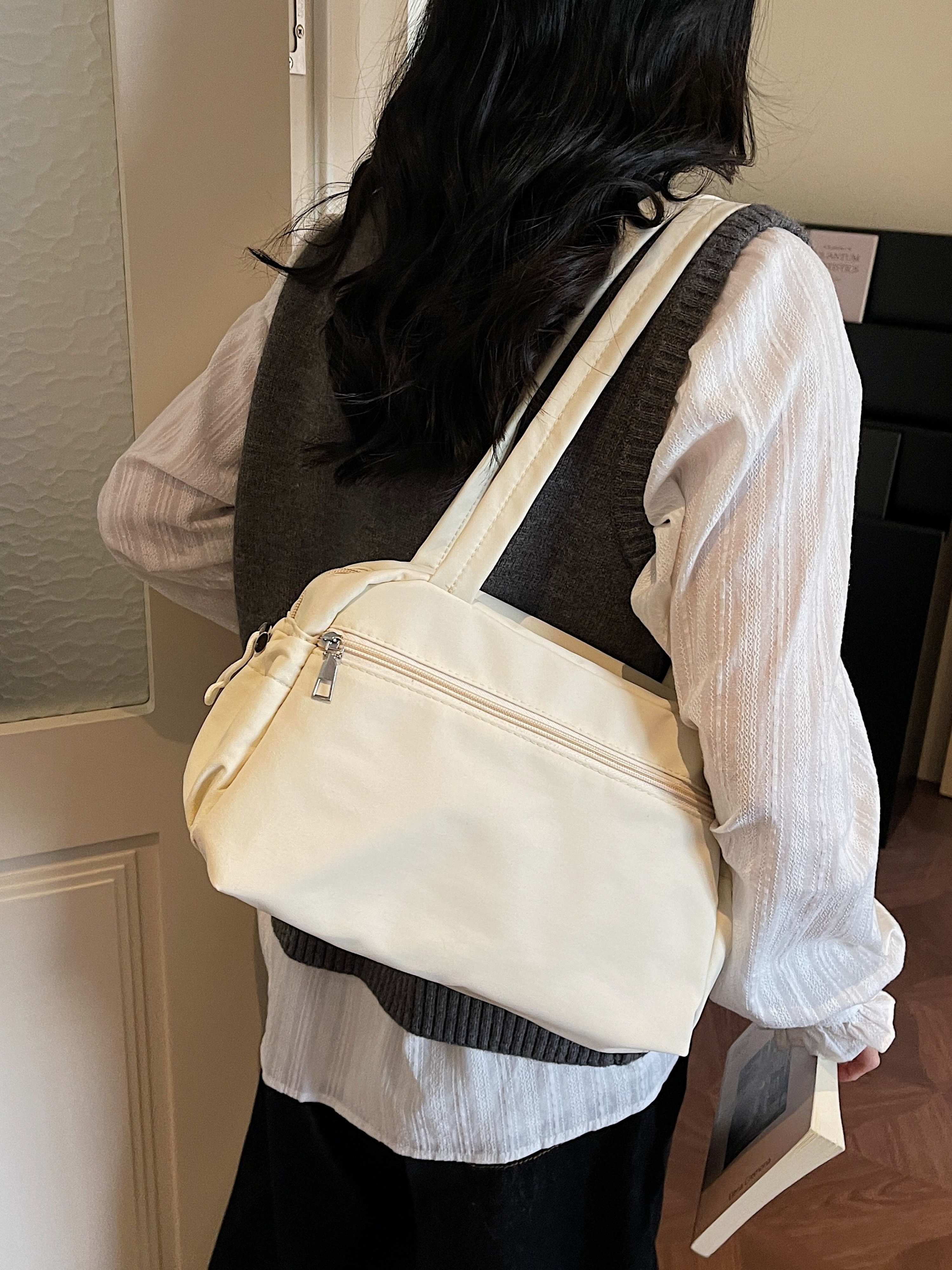 White Shoulder Bag with Zip Closure