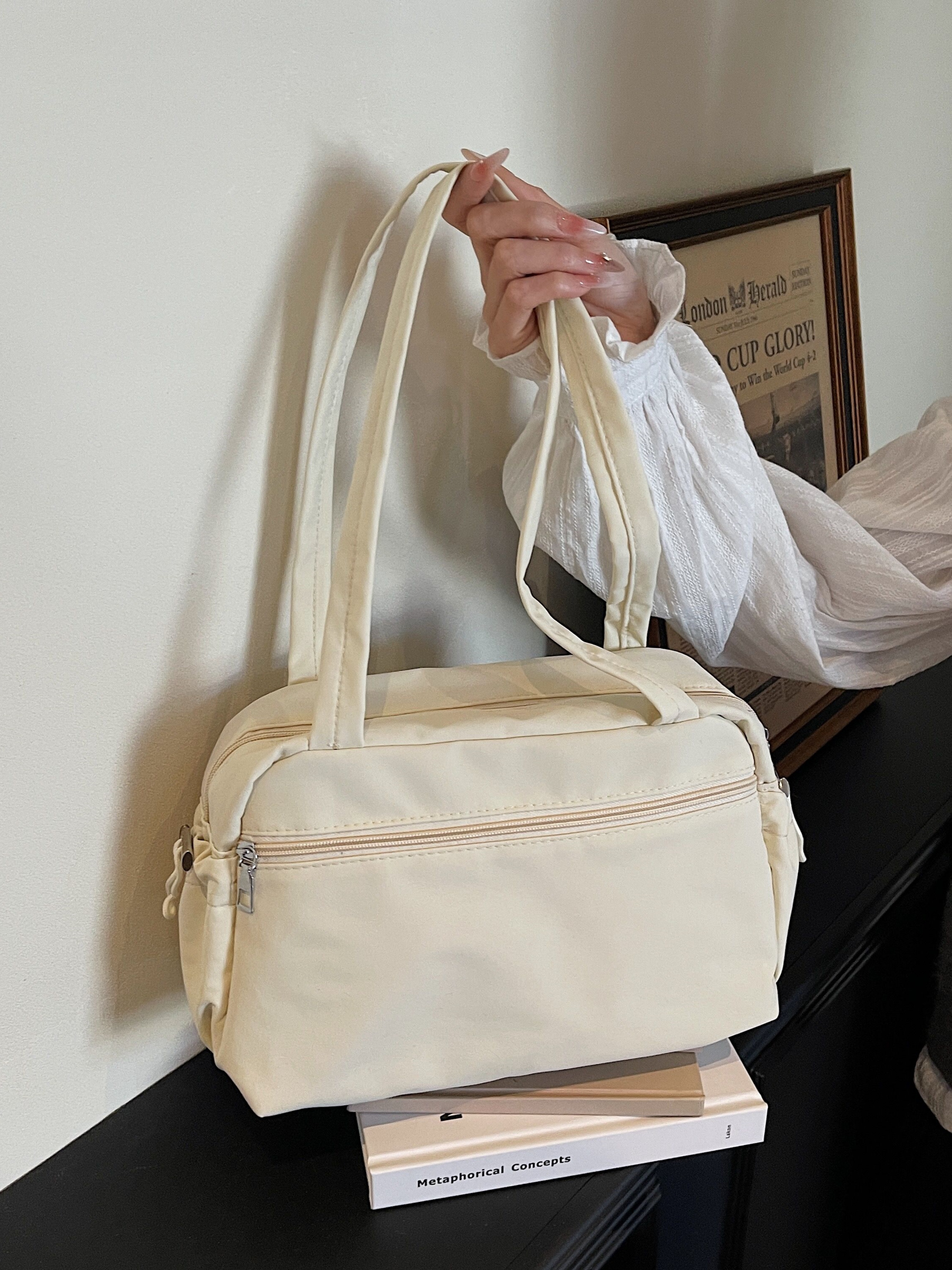 White Shoulder Bag with Zip Closure