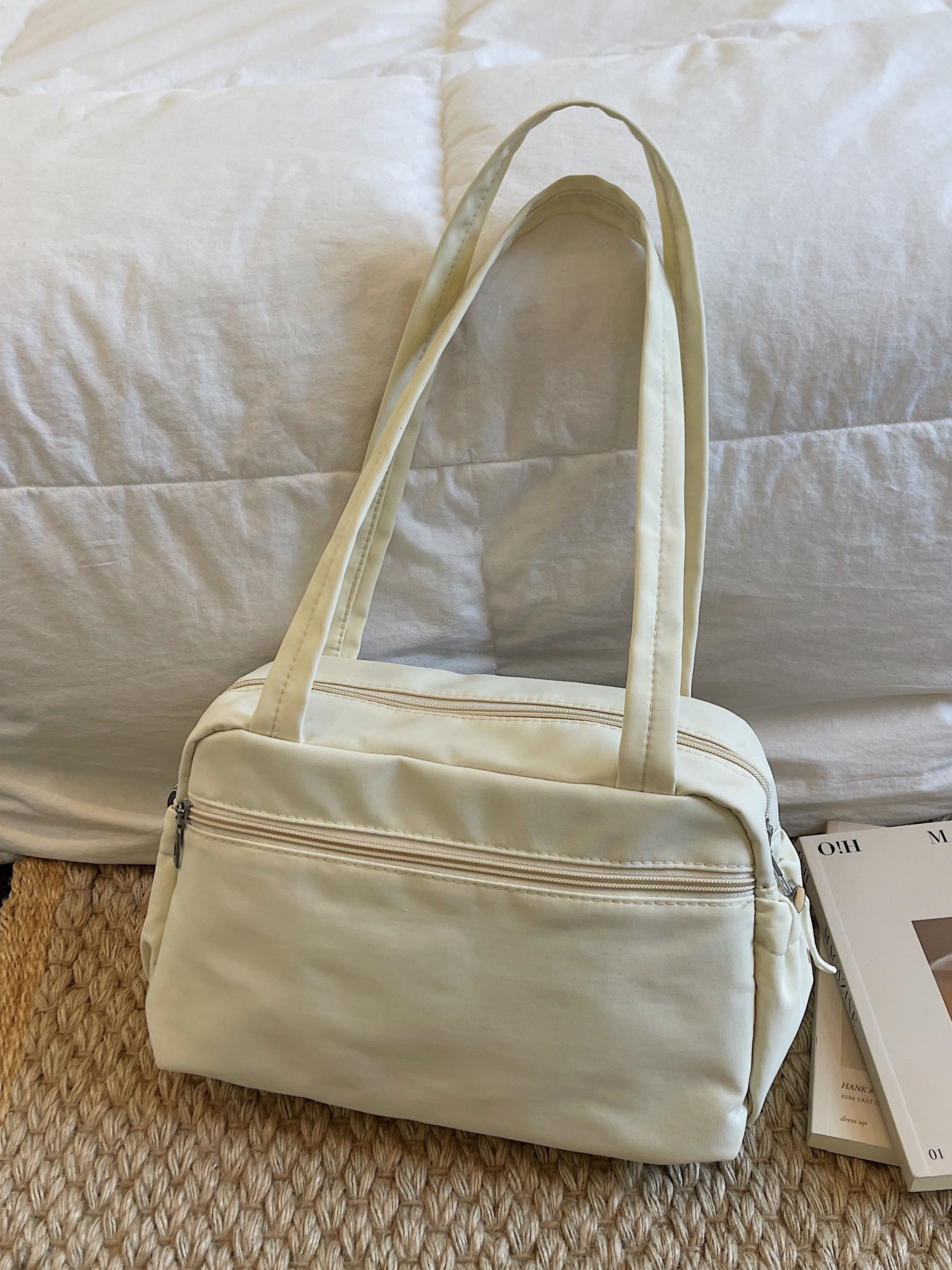 White Shoulder Bag with Zip Closure