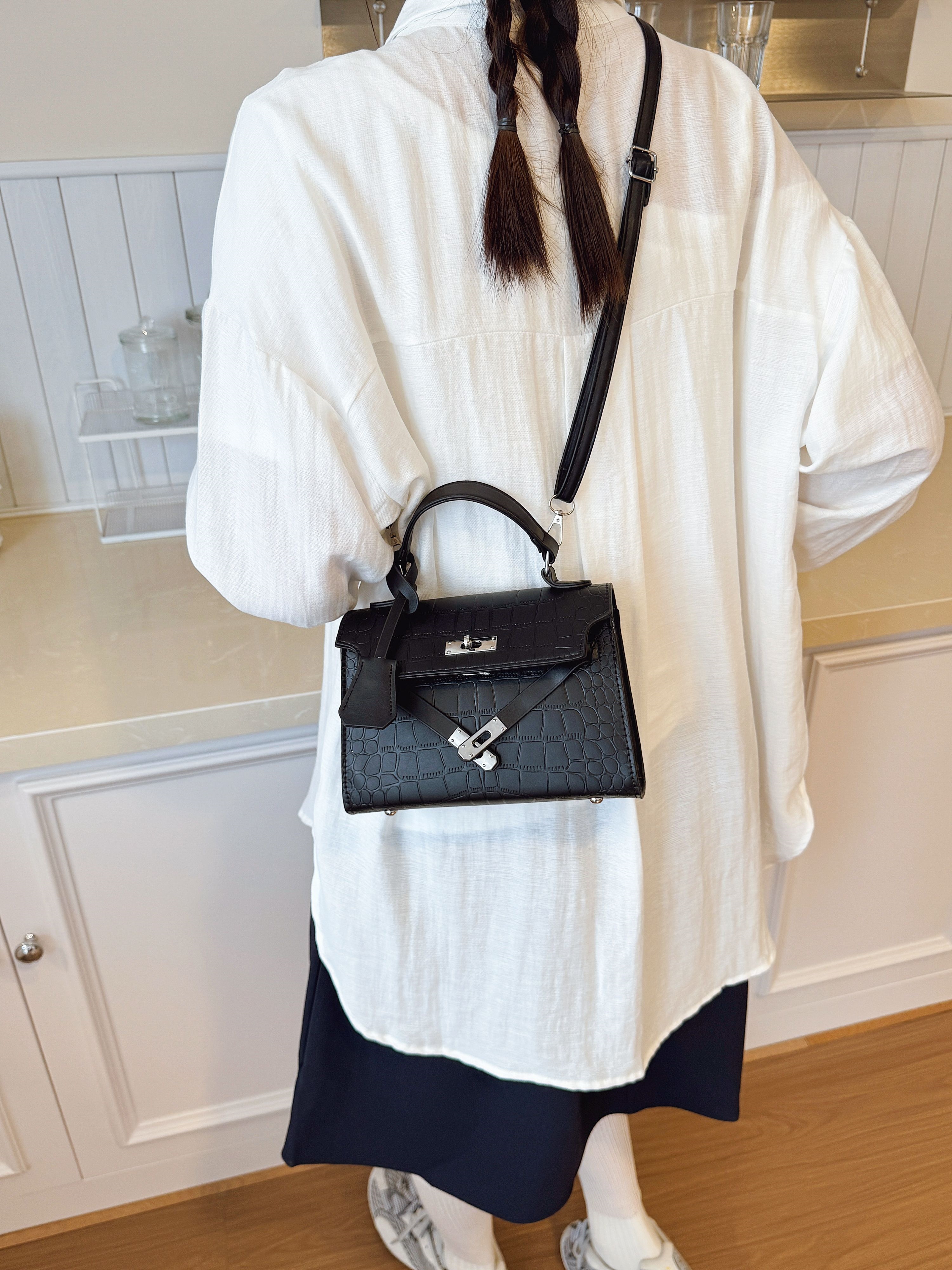 Black Croc-Embossed Shoulder Bag
