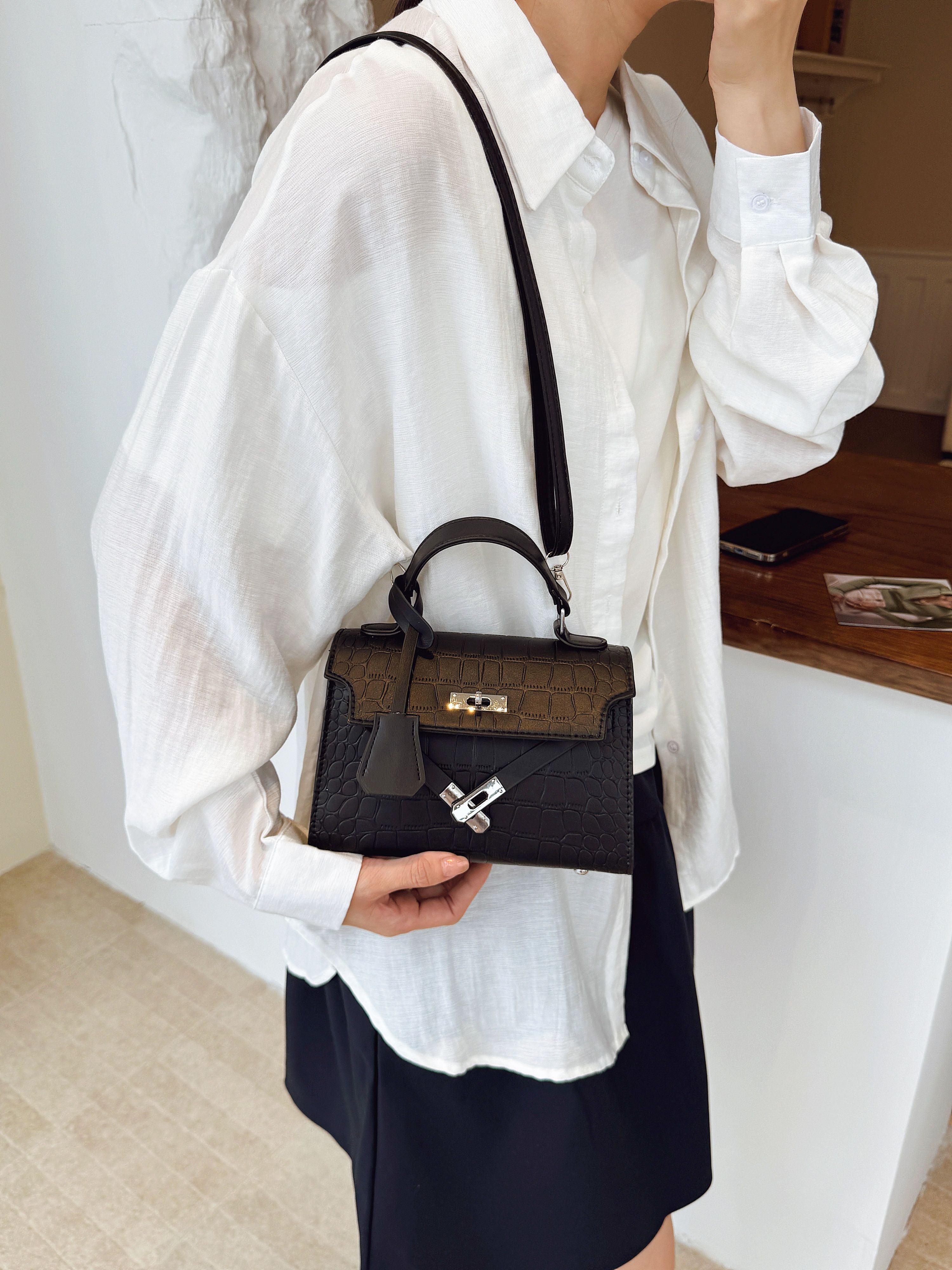 Black Croc-Embossed Shoulder Bag