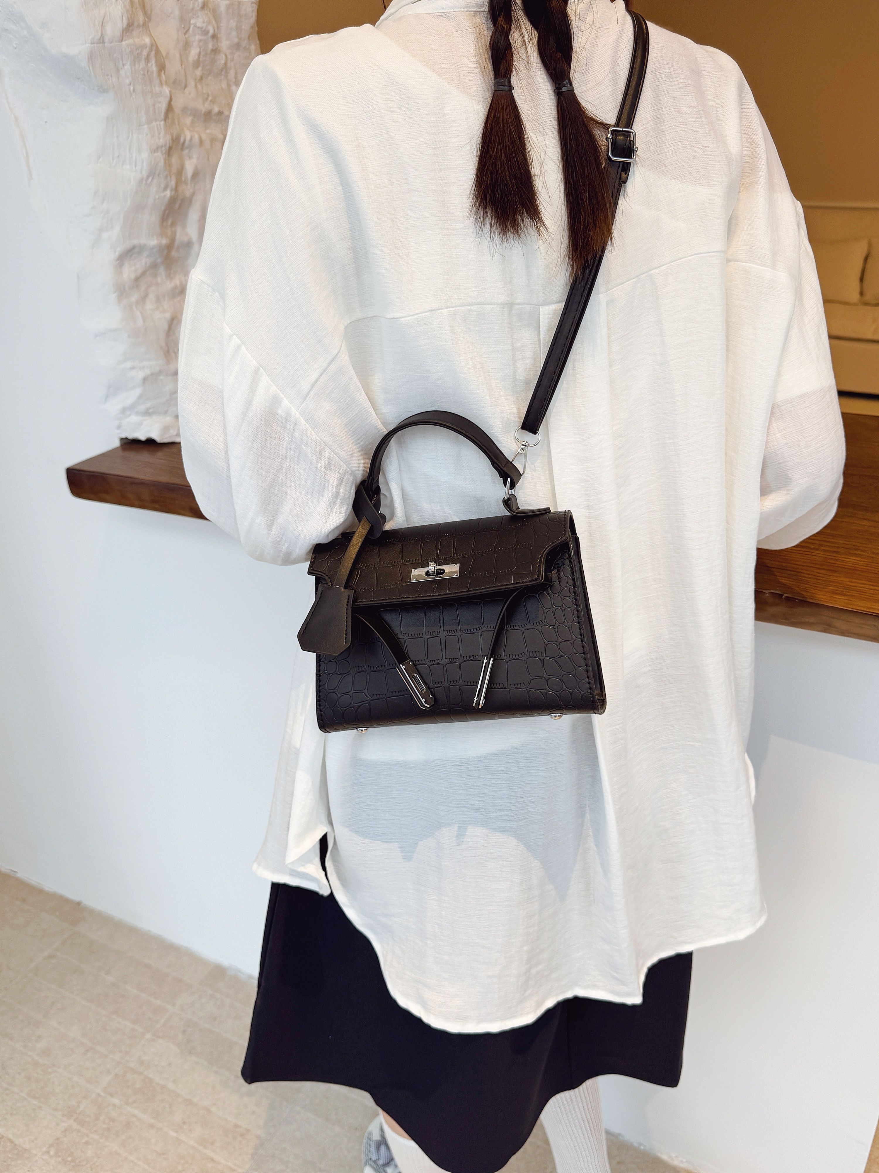 Black Croc-Embossed Shoulder Bag