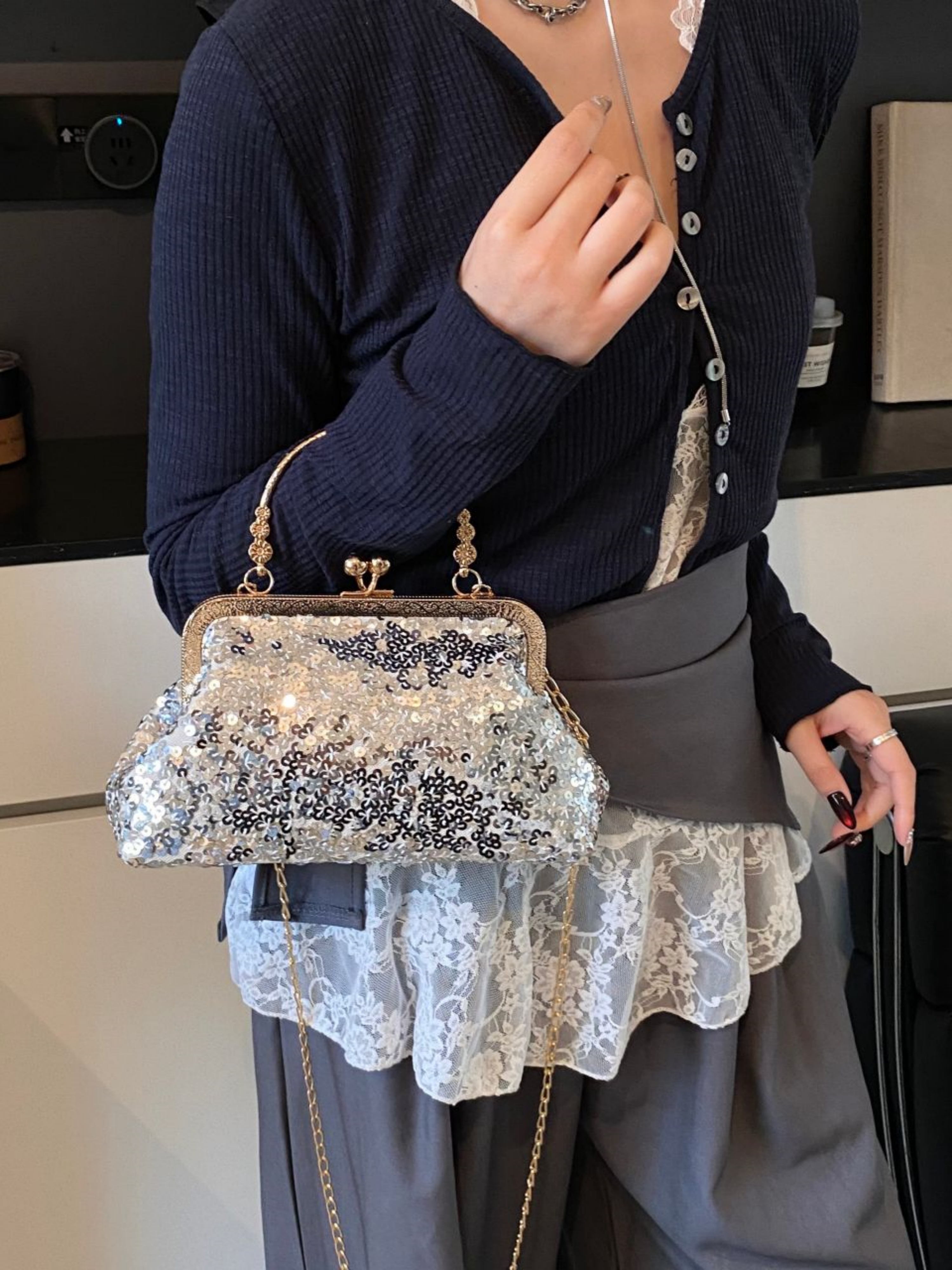Silver Embellished Hand Bag with Chain Strap