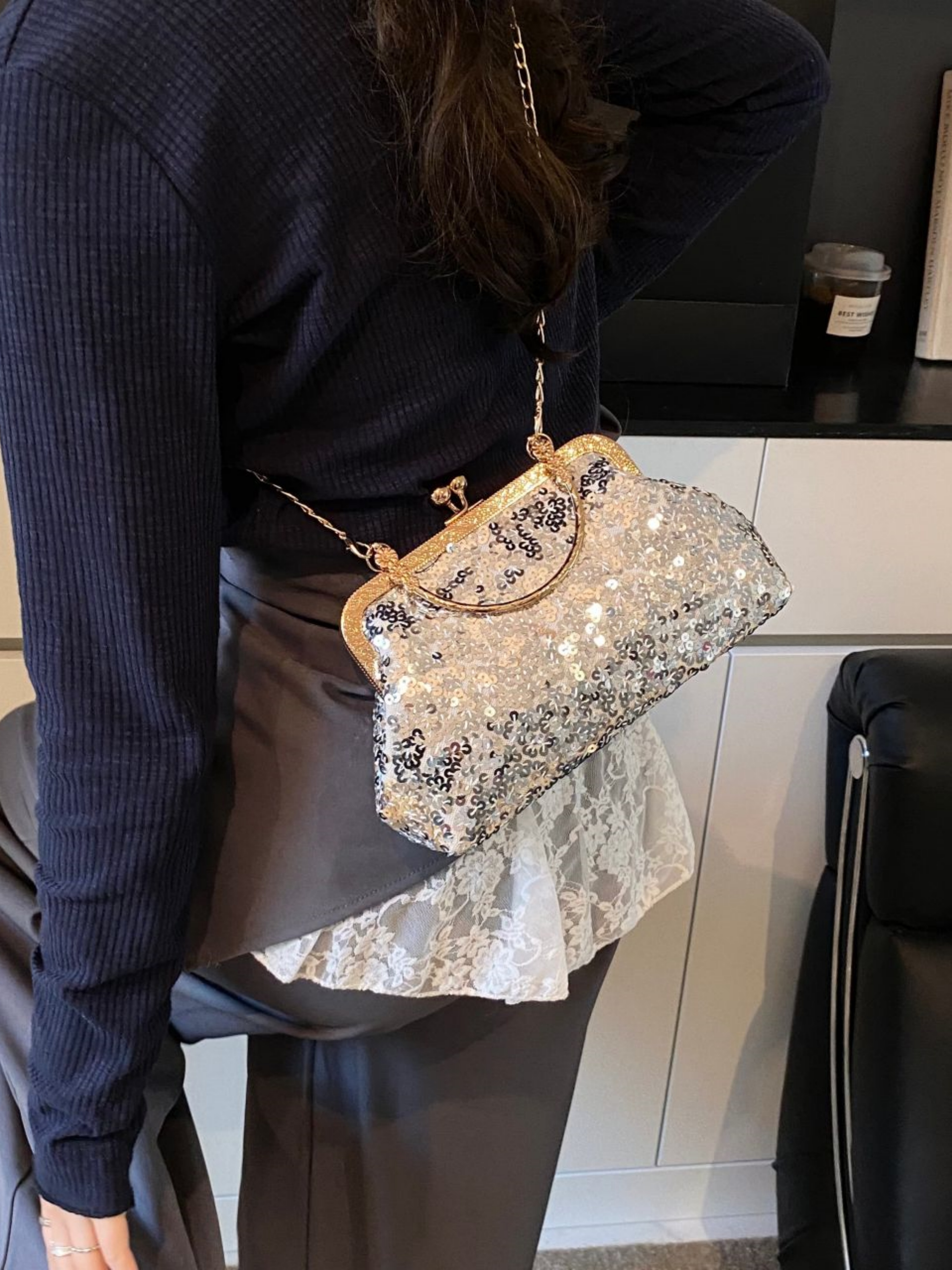 Silver Embellished Hand Bag with Chain Strap