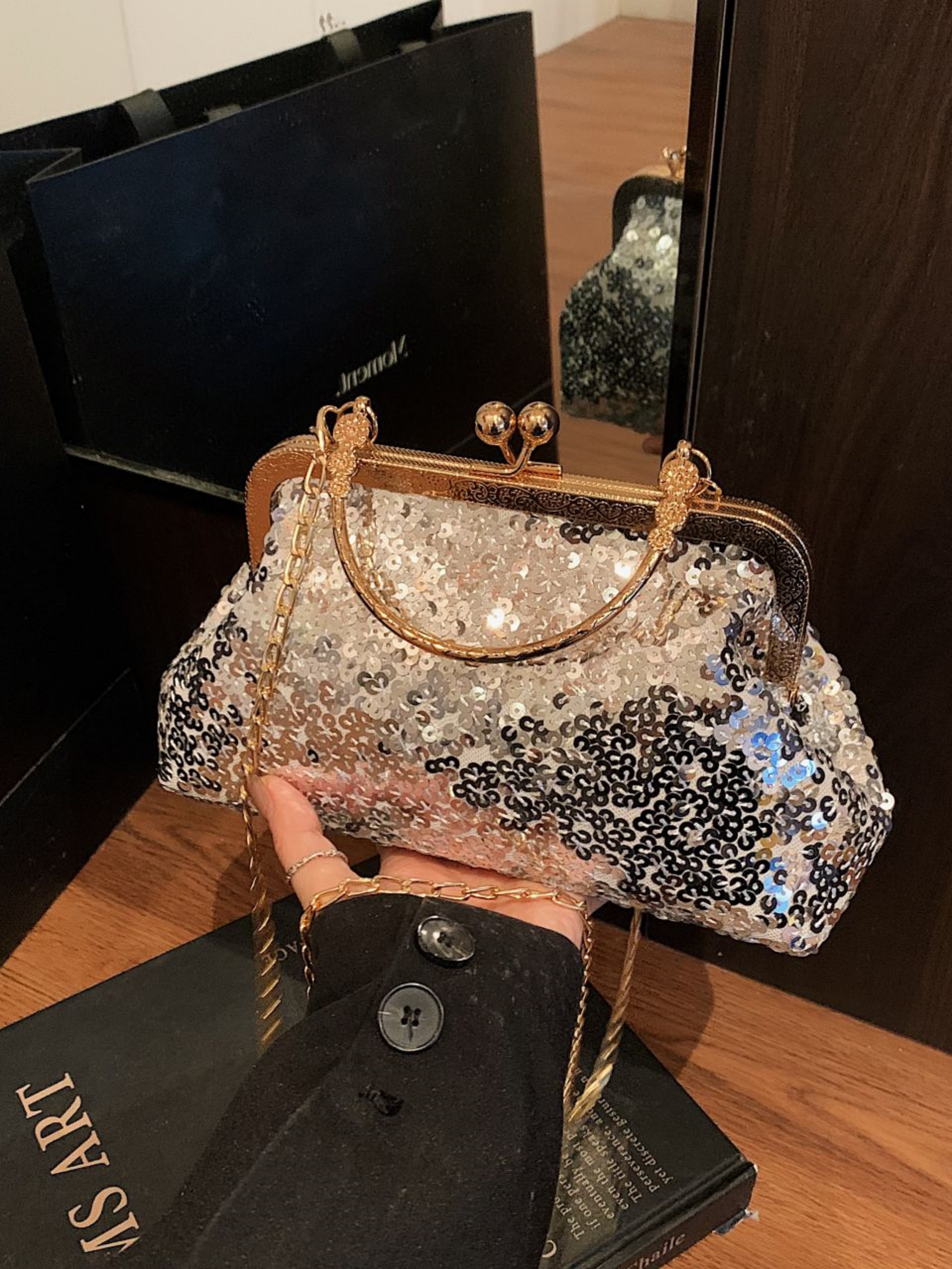 Silver Embellished Hand Bag with Chain Strap