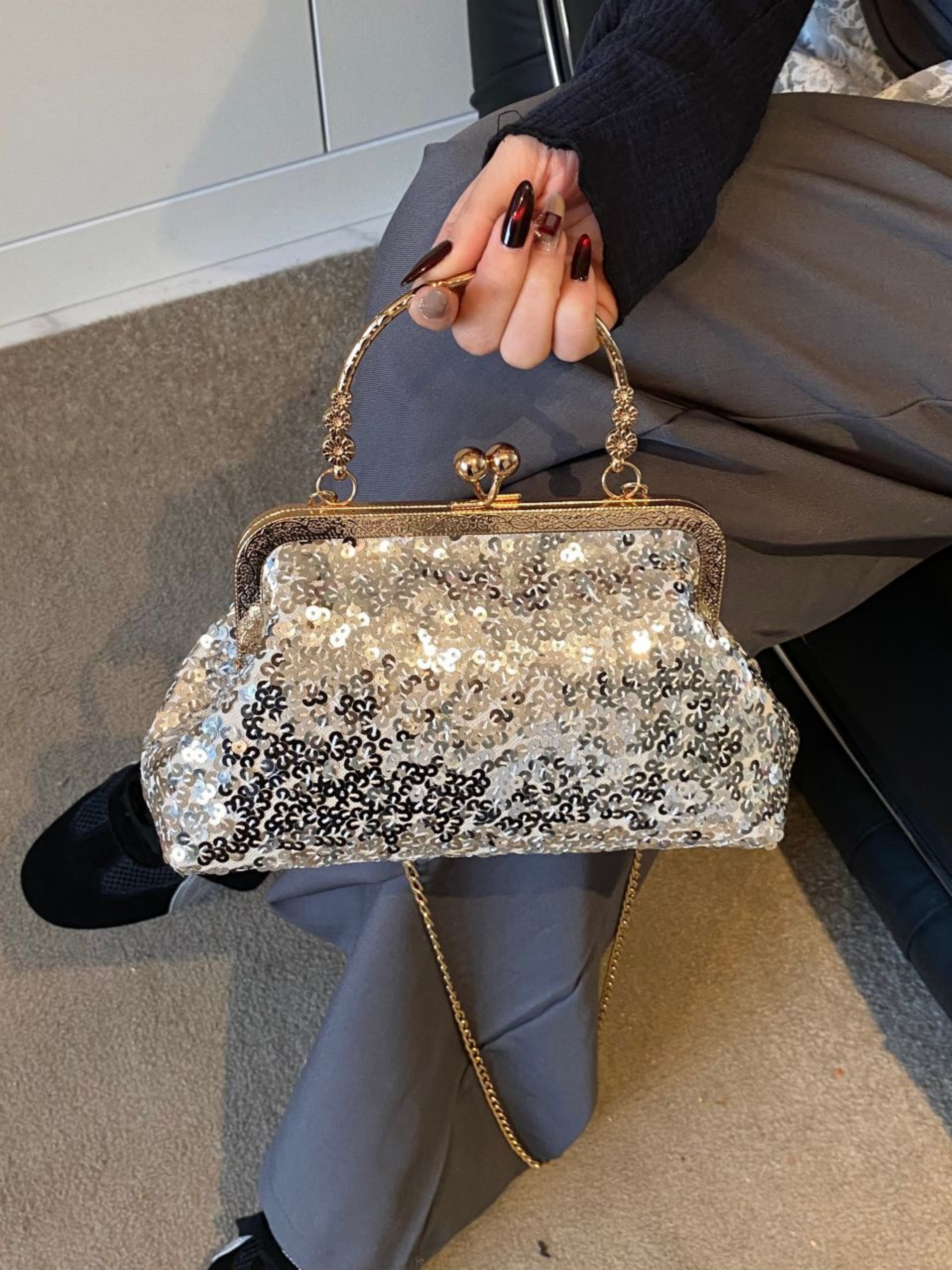 Silver Embellished Hand Bag with Chain Strap