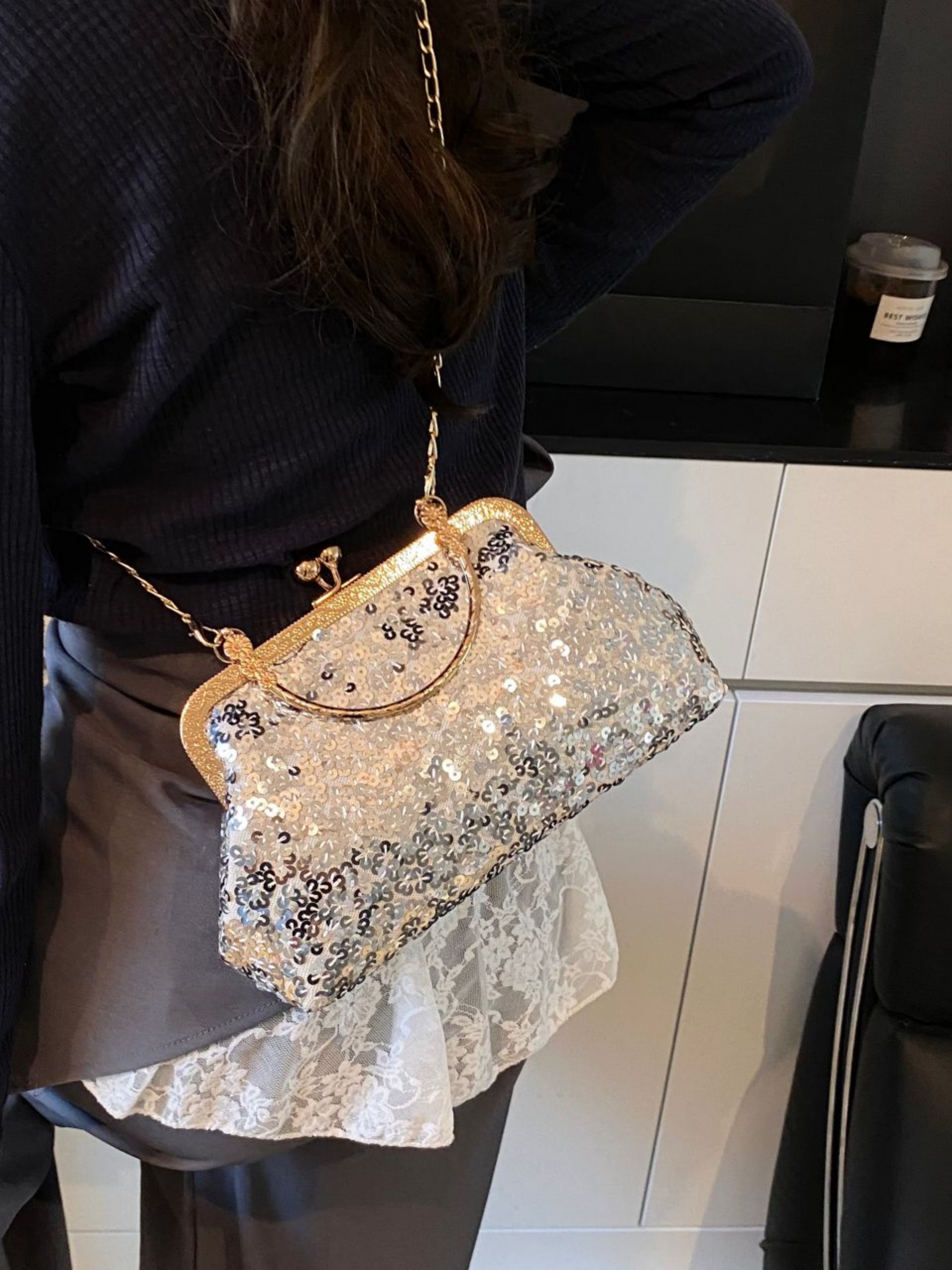Silver Embellished Hand Bag with Chain Strap
