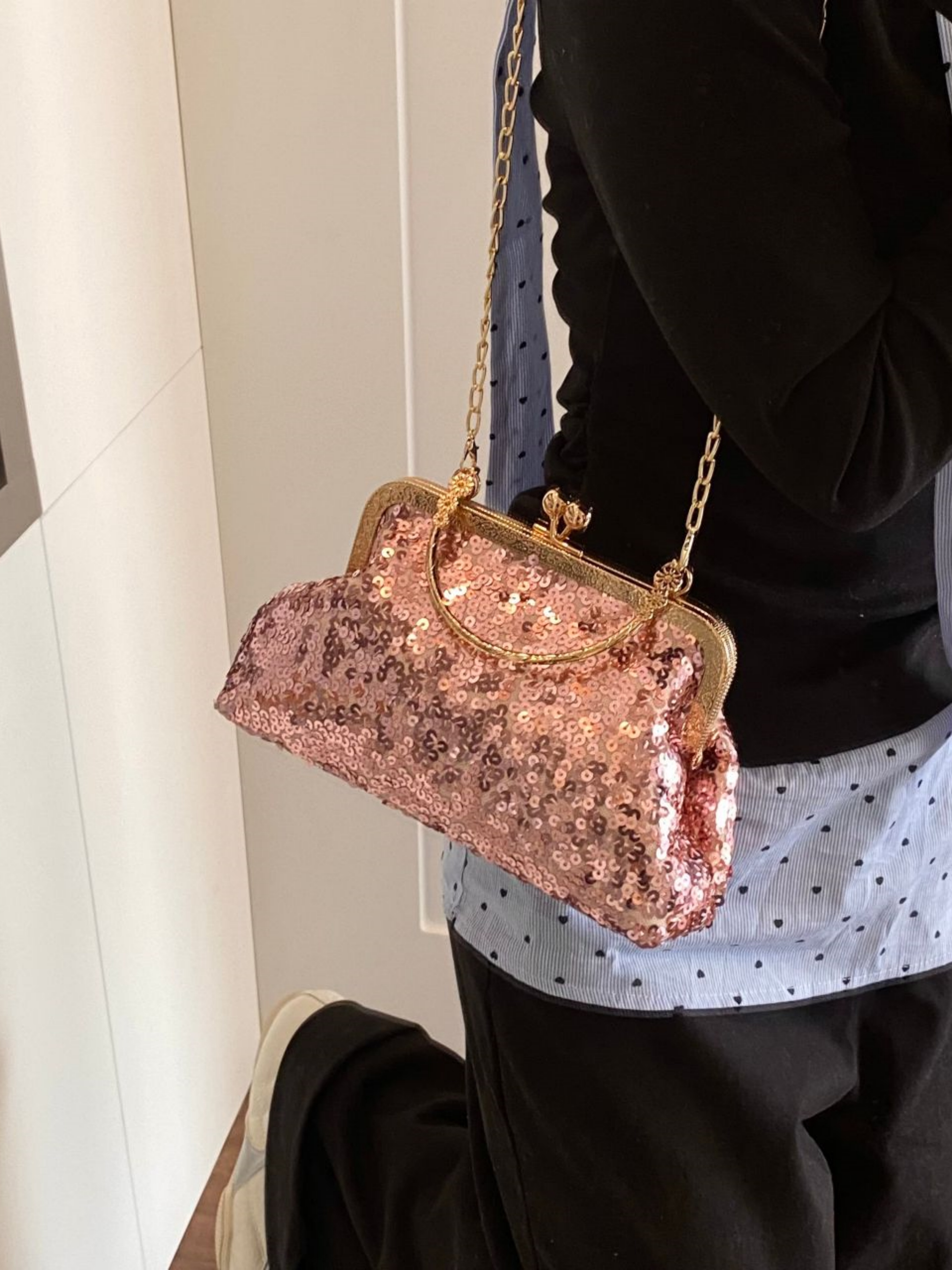Pink Embellished Hand Bag with Chain Strap