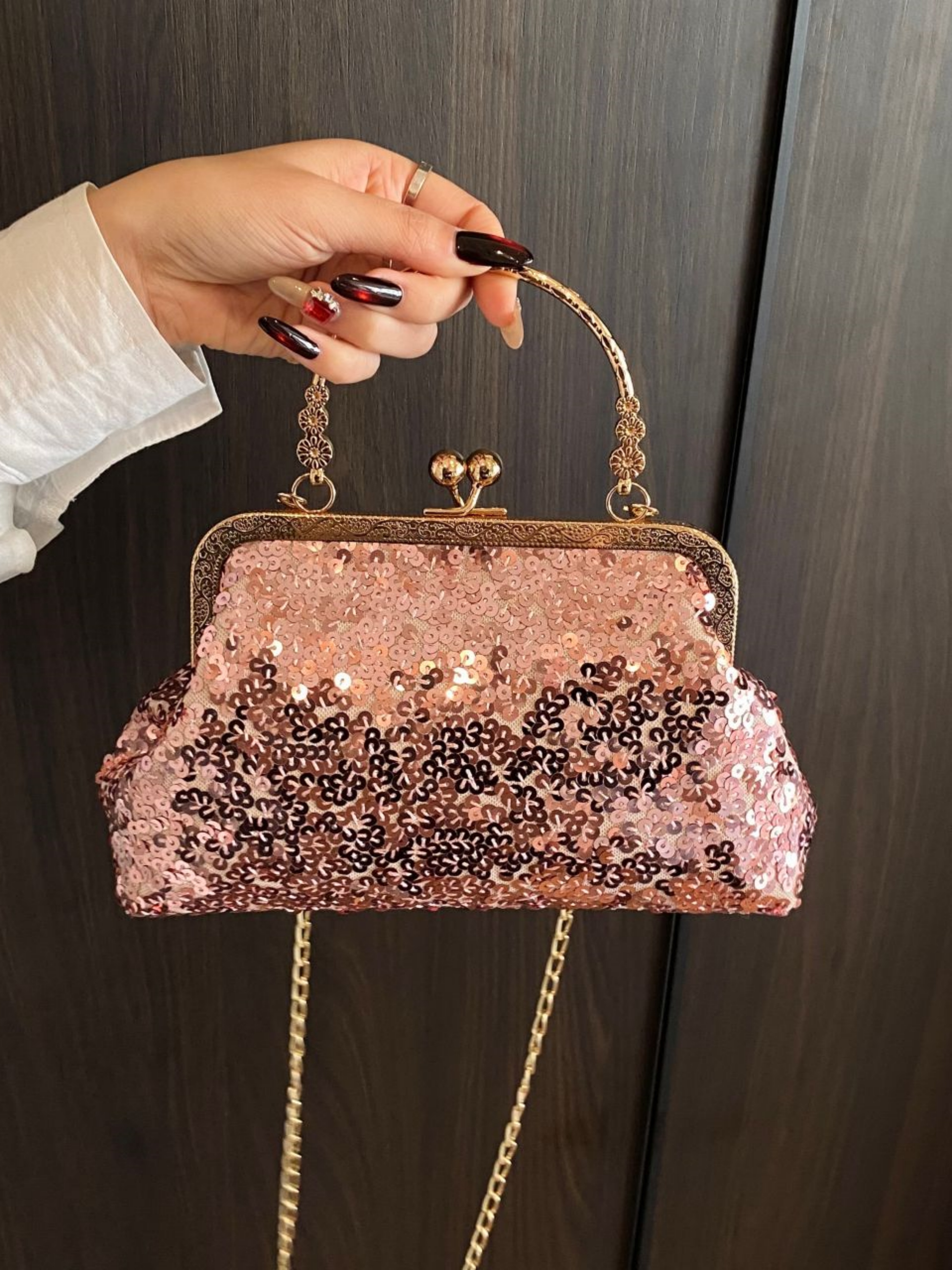 Pink Embellished Hand Bag with Chain Strap