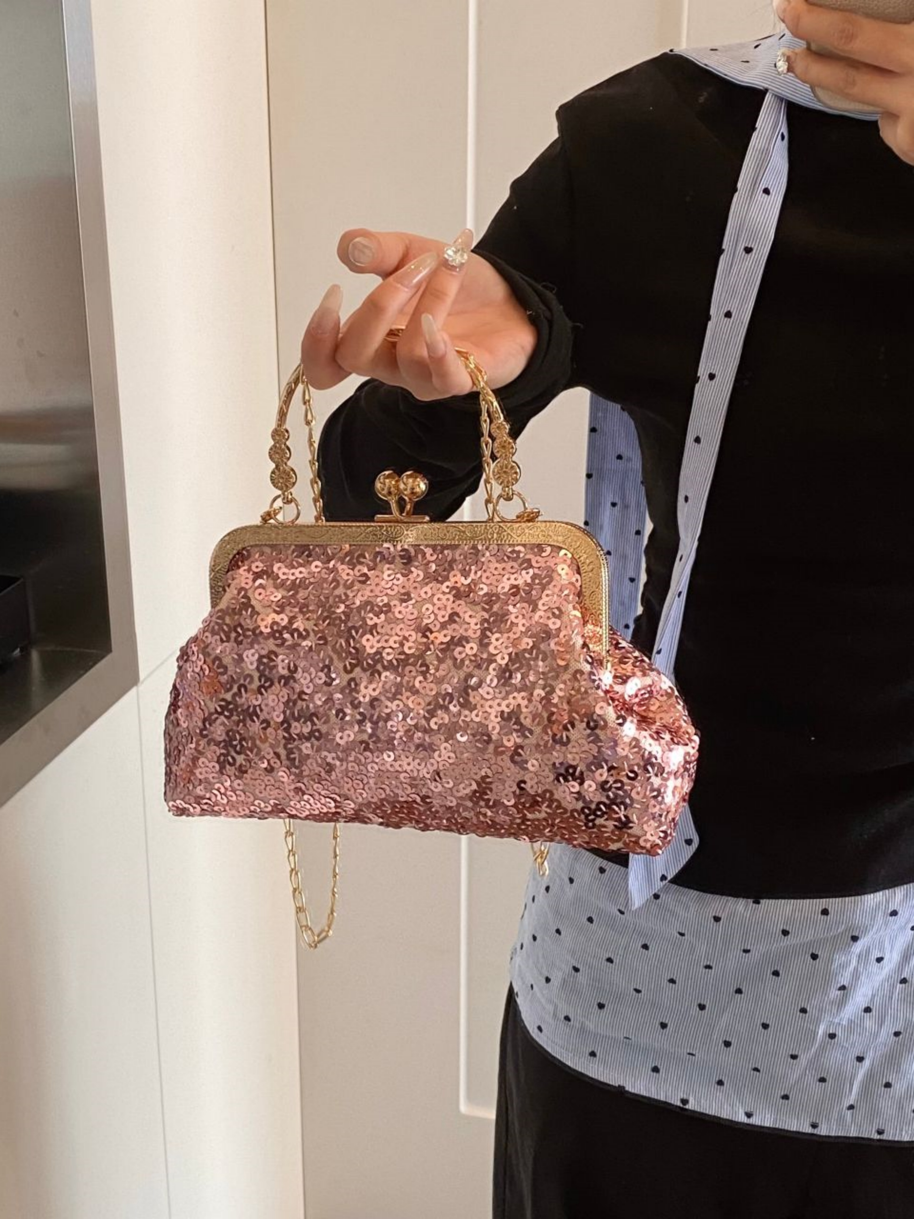 Pink Embellished Hand Bag with Chain Strap