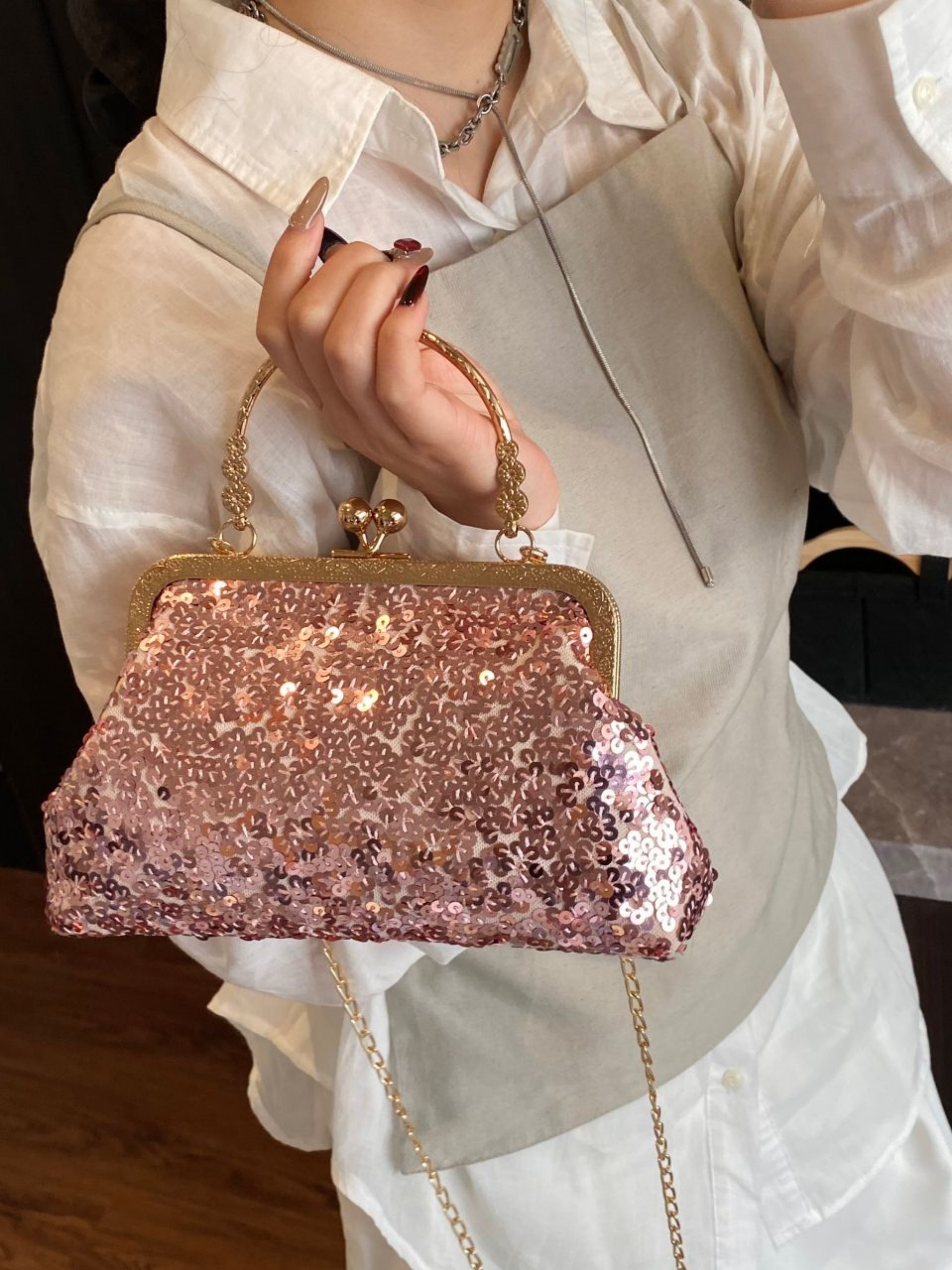 Pink Embellished Hand Bag with Chain Strap