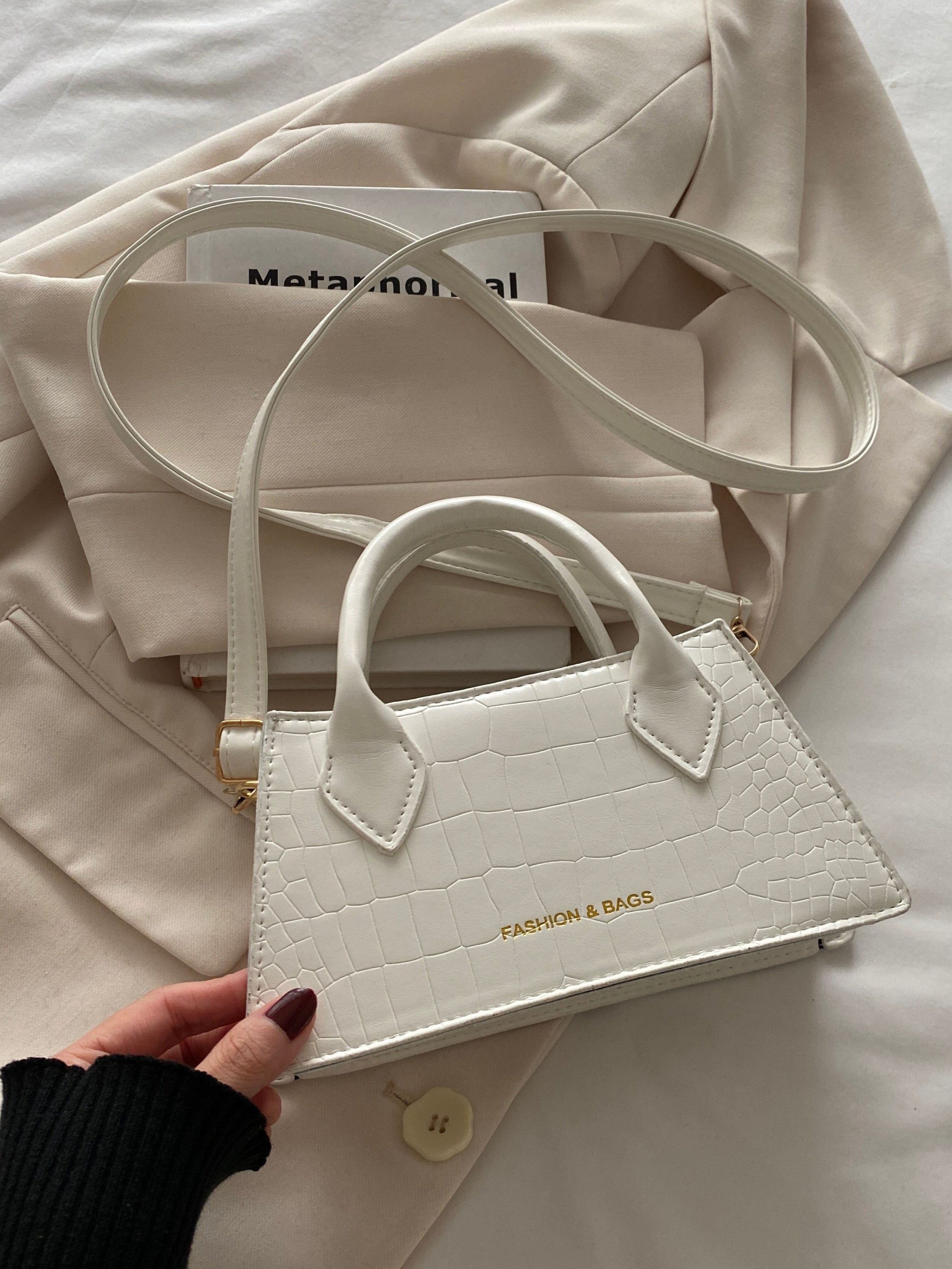 White Croc Embossed Crossbody Bag