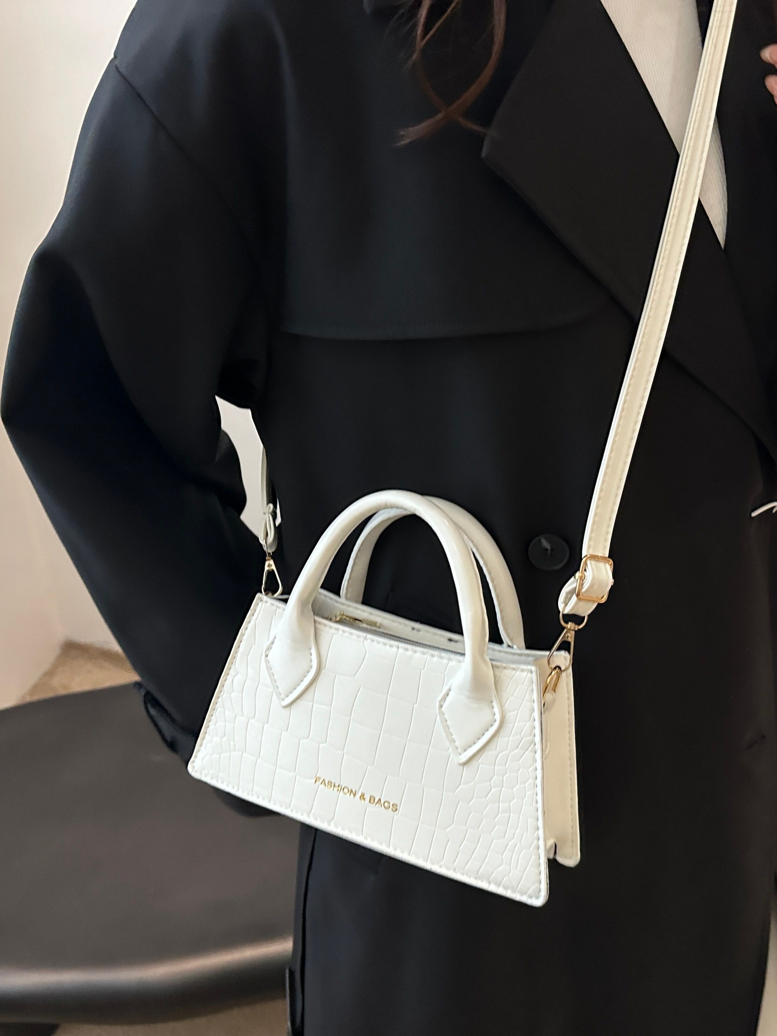 White Croc Embossed Crossbody Bag