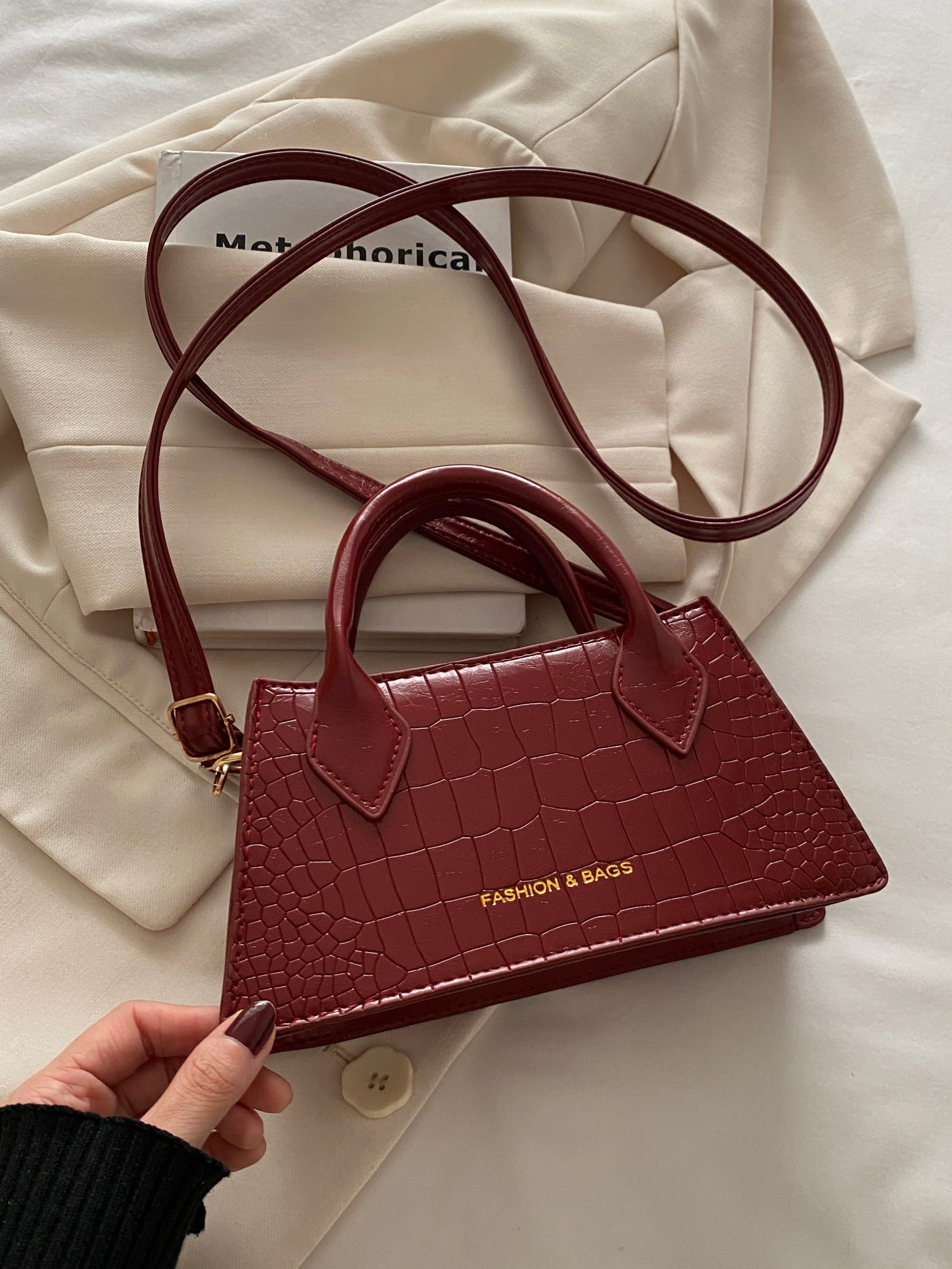 Red Croc-Embossed Crossbody Bag
