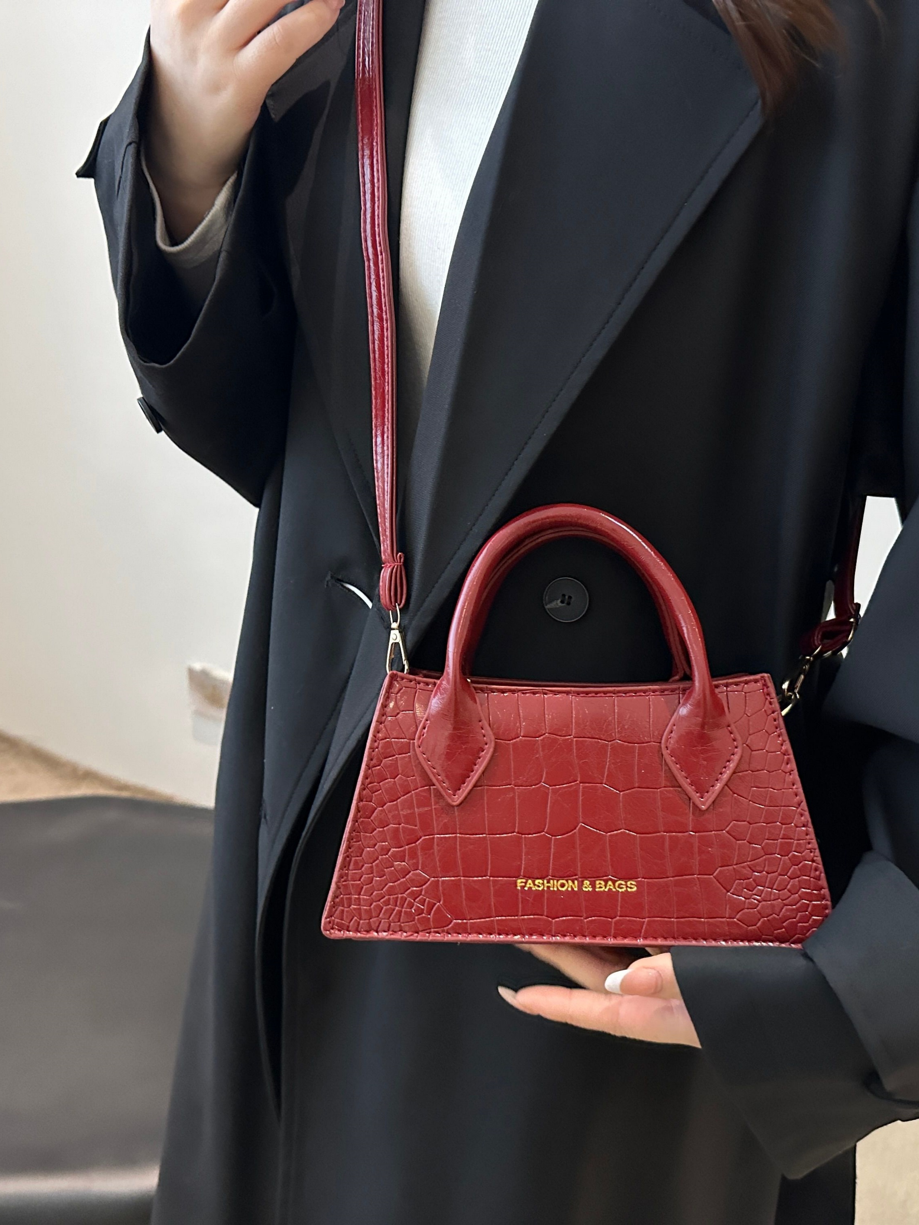 Red Croc-Embossed Crossbody Bag