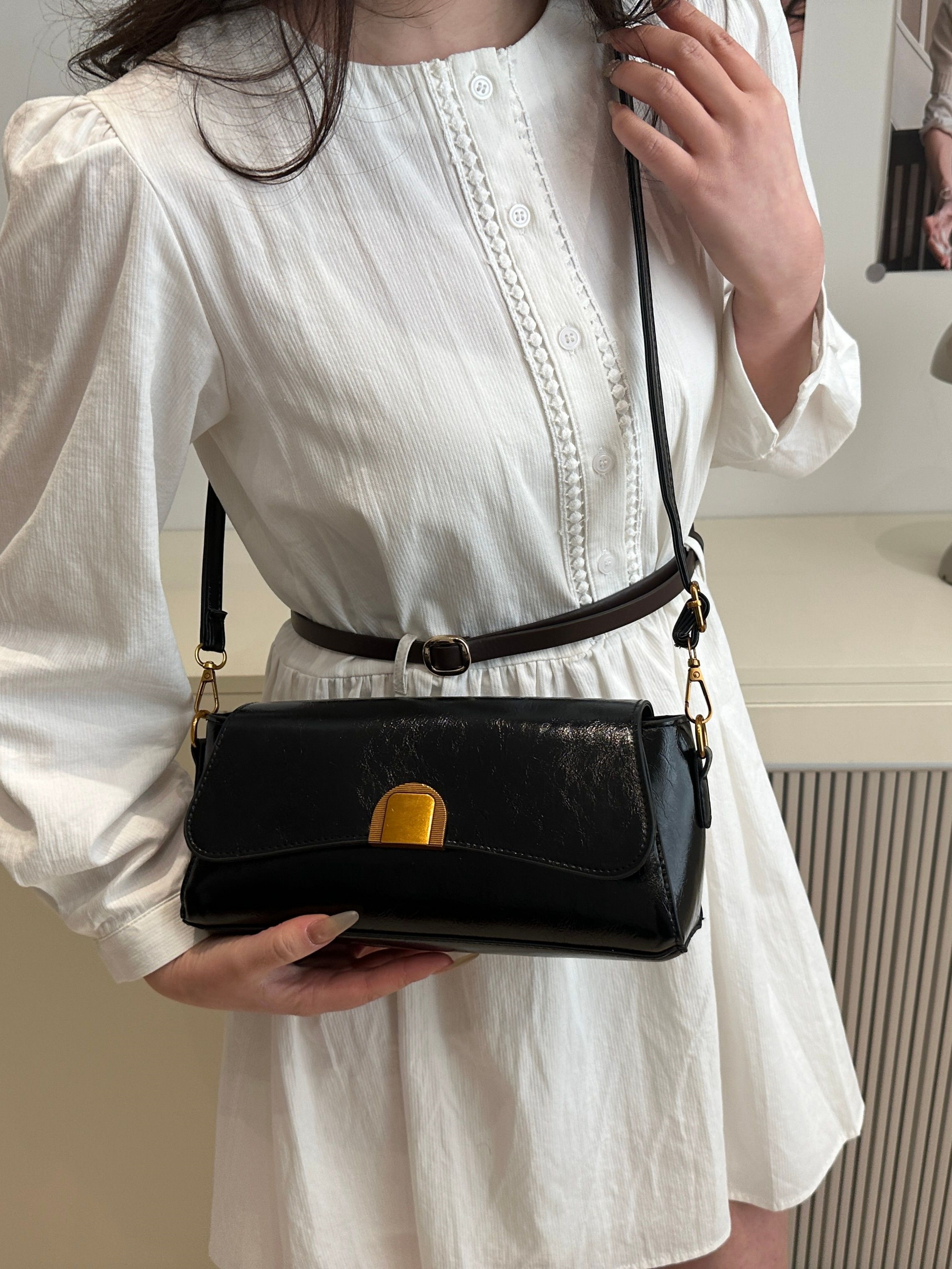 Black Faux Leather Crossbody Bag