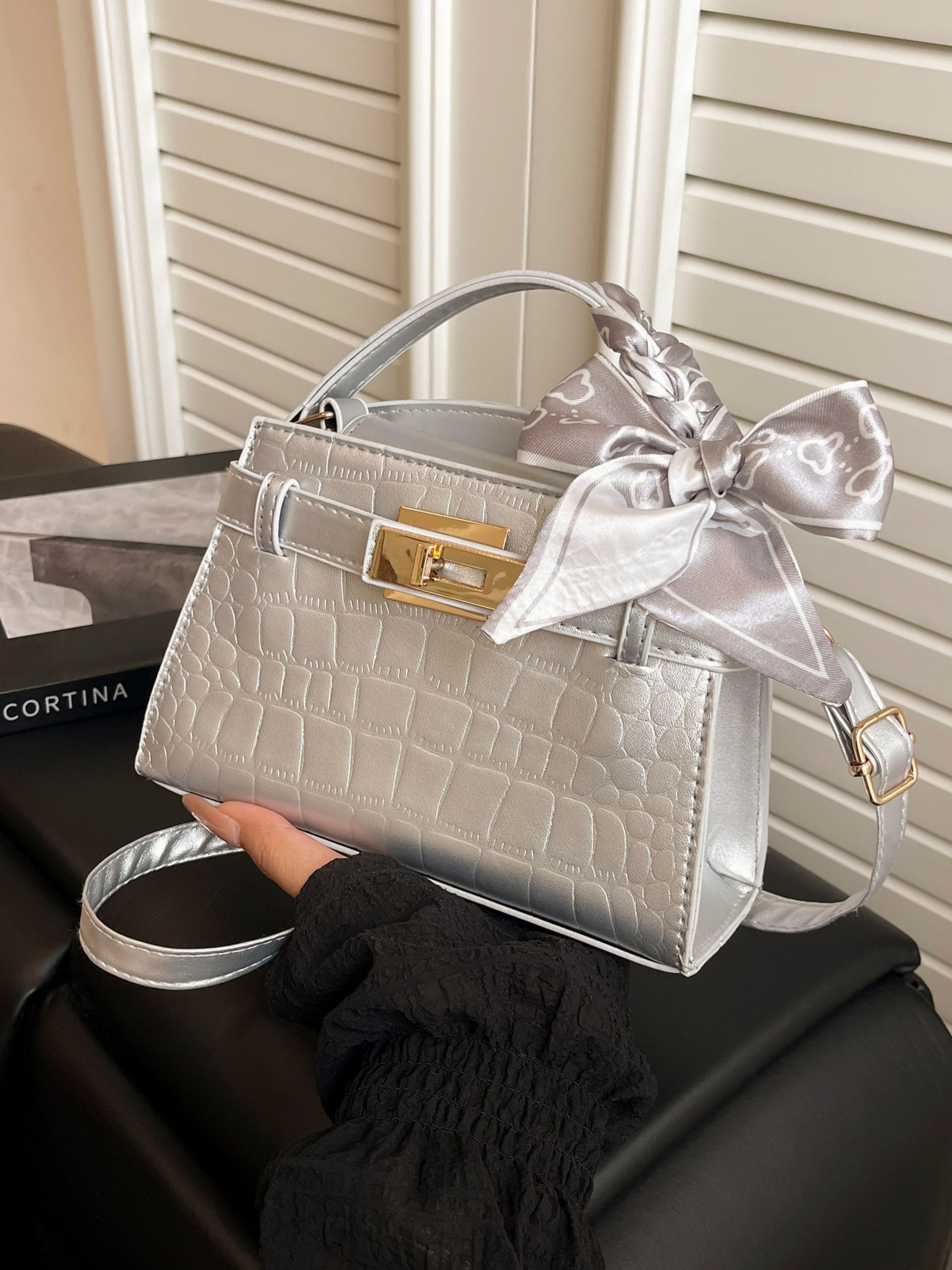 Silver Crocodile Embossed Shoulder Bag with Scarf Accent