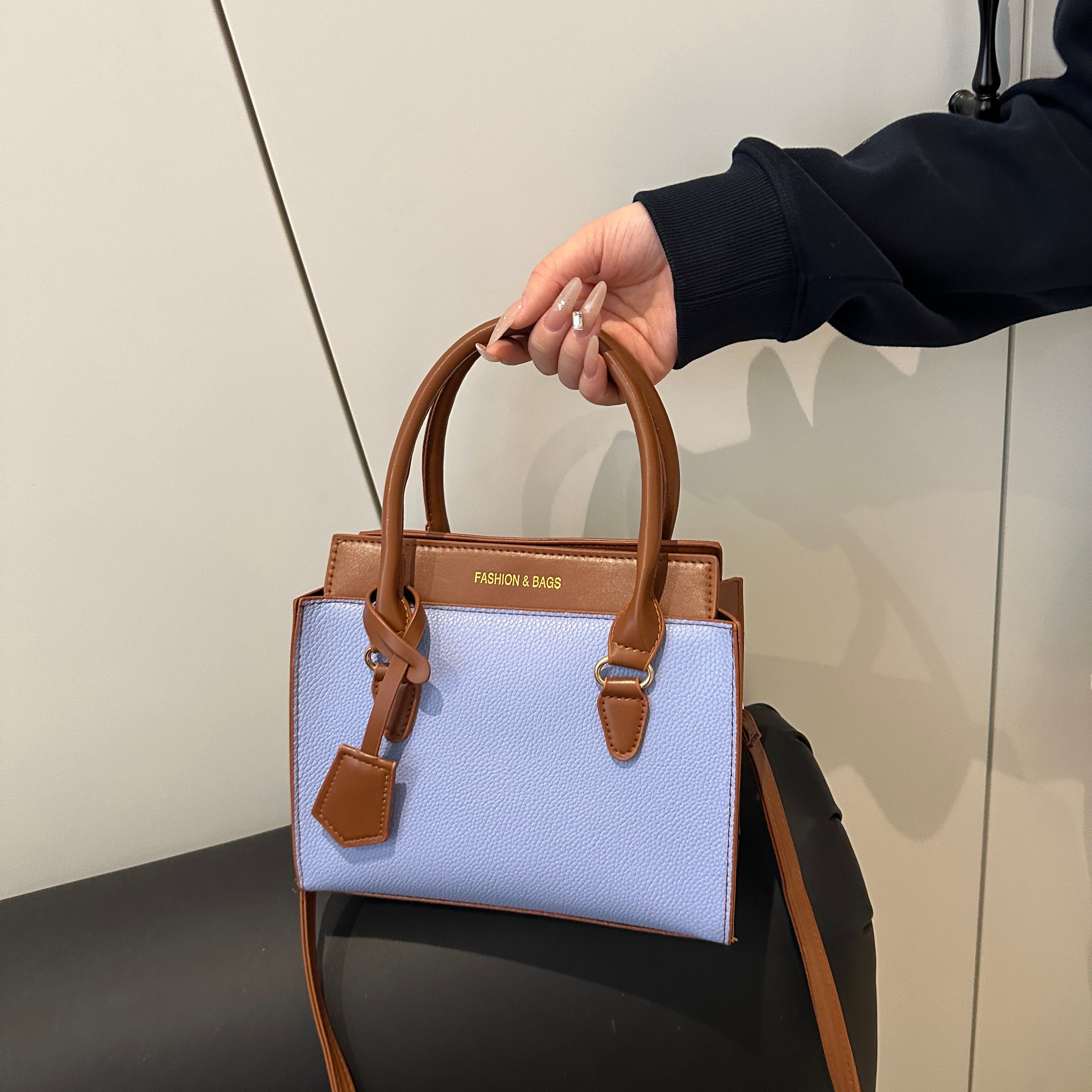 Blue Shoulder Bag with Contrast Dual Handle