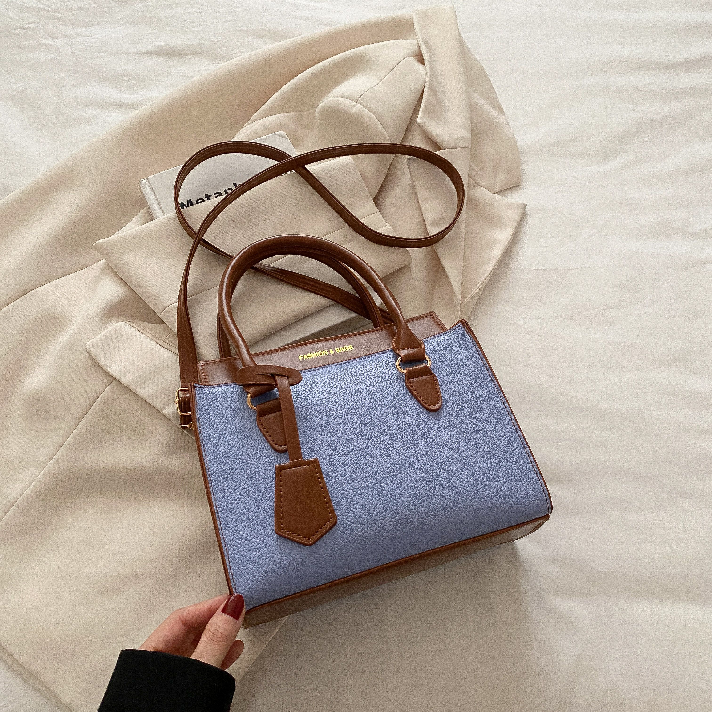 Blue Shoulder Bag with Contrast Dual Handle