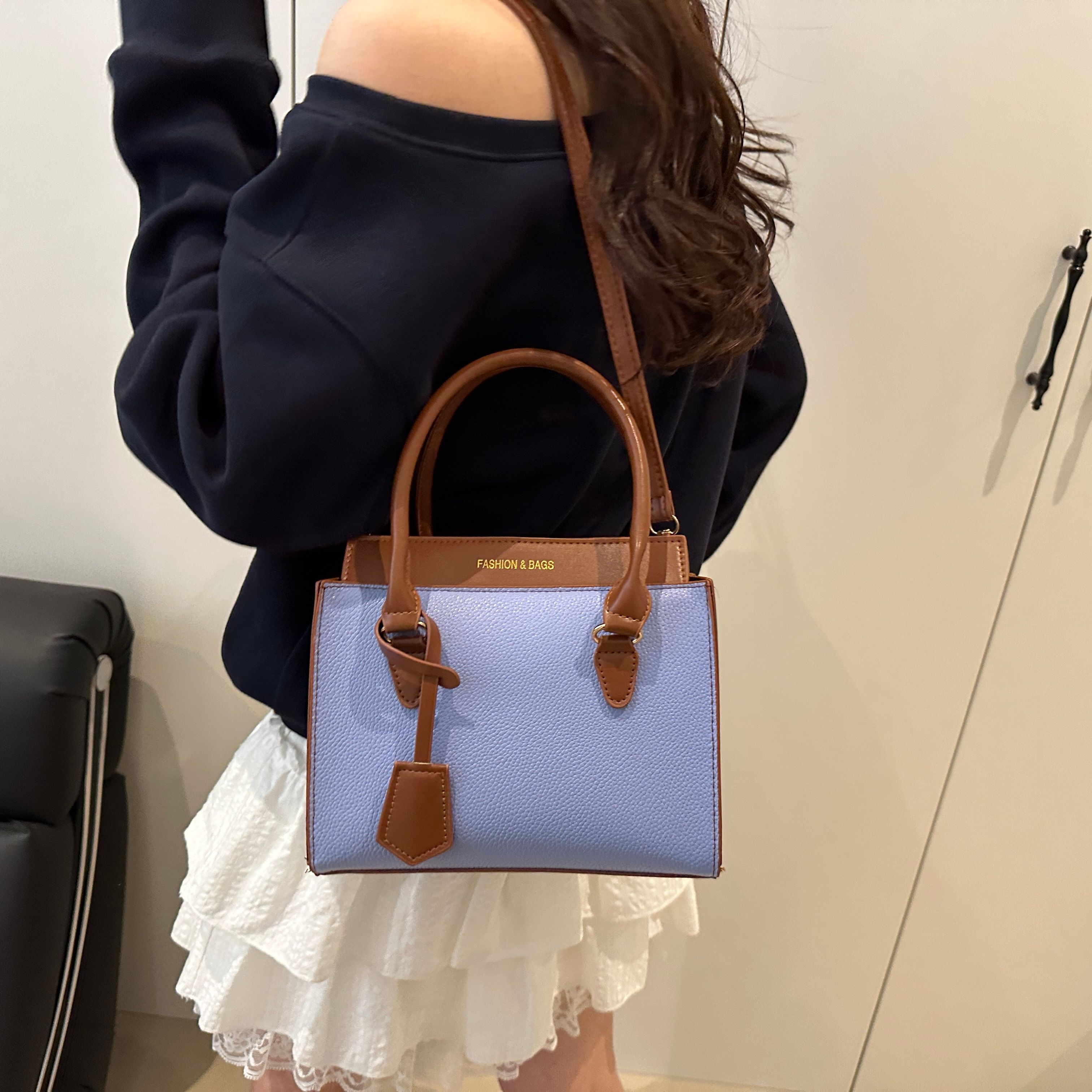 Blue Shoulder Bag with Contrast Dual Handle