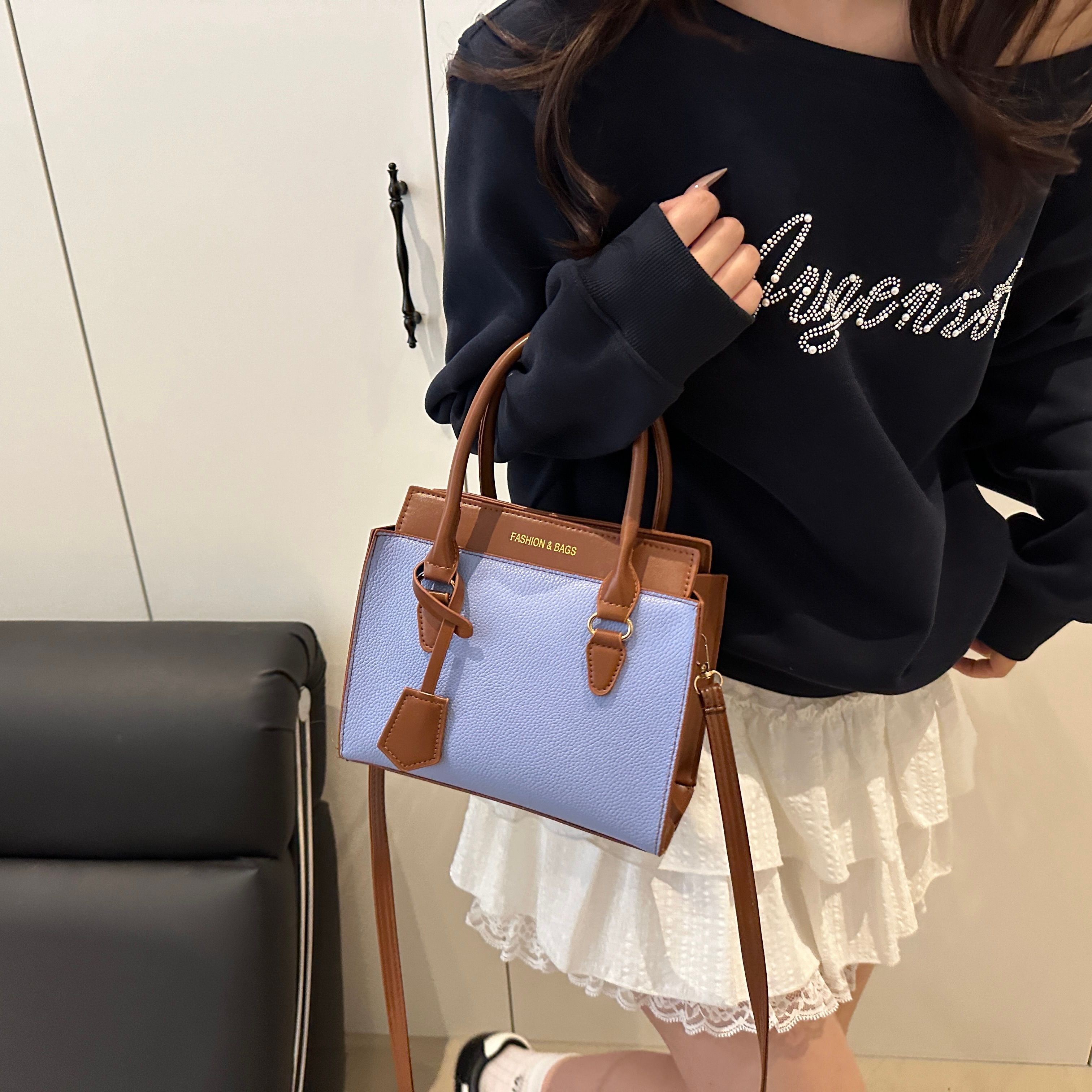 Blue Shoulder Bag with Contrast Dual Handle