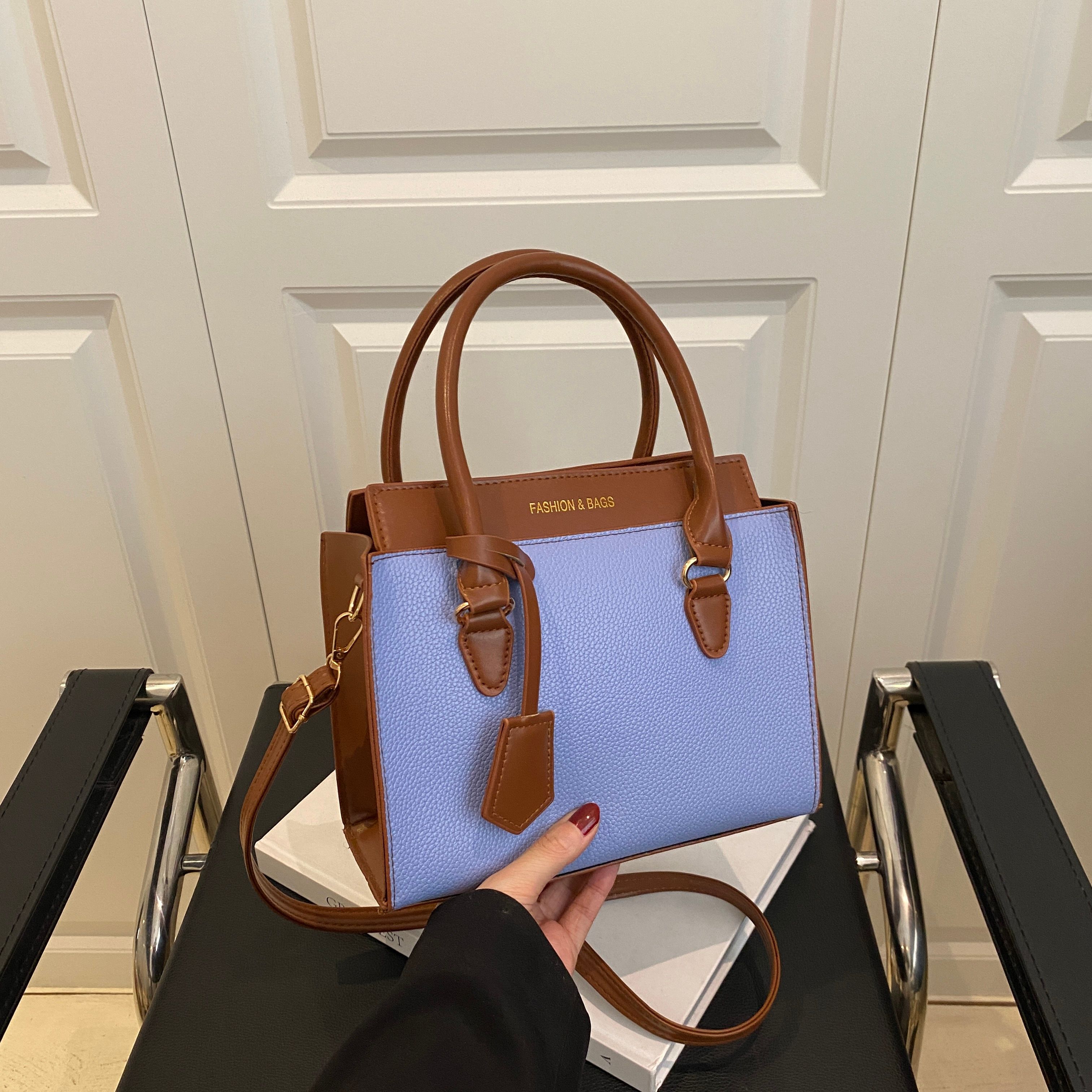 Blue Shoulder Bag with Contrast Dual Handle