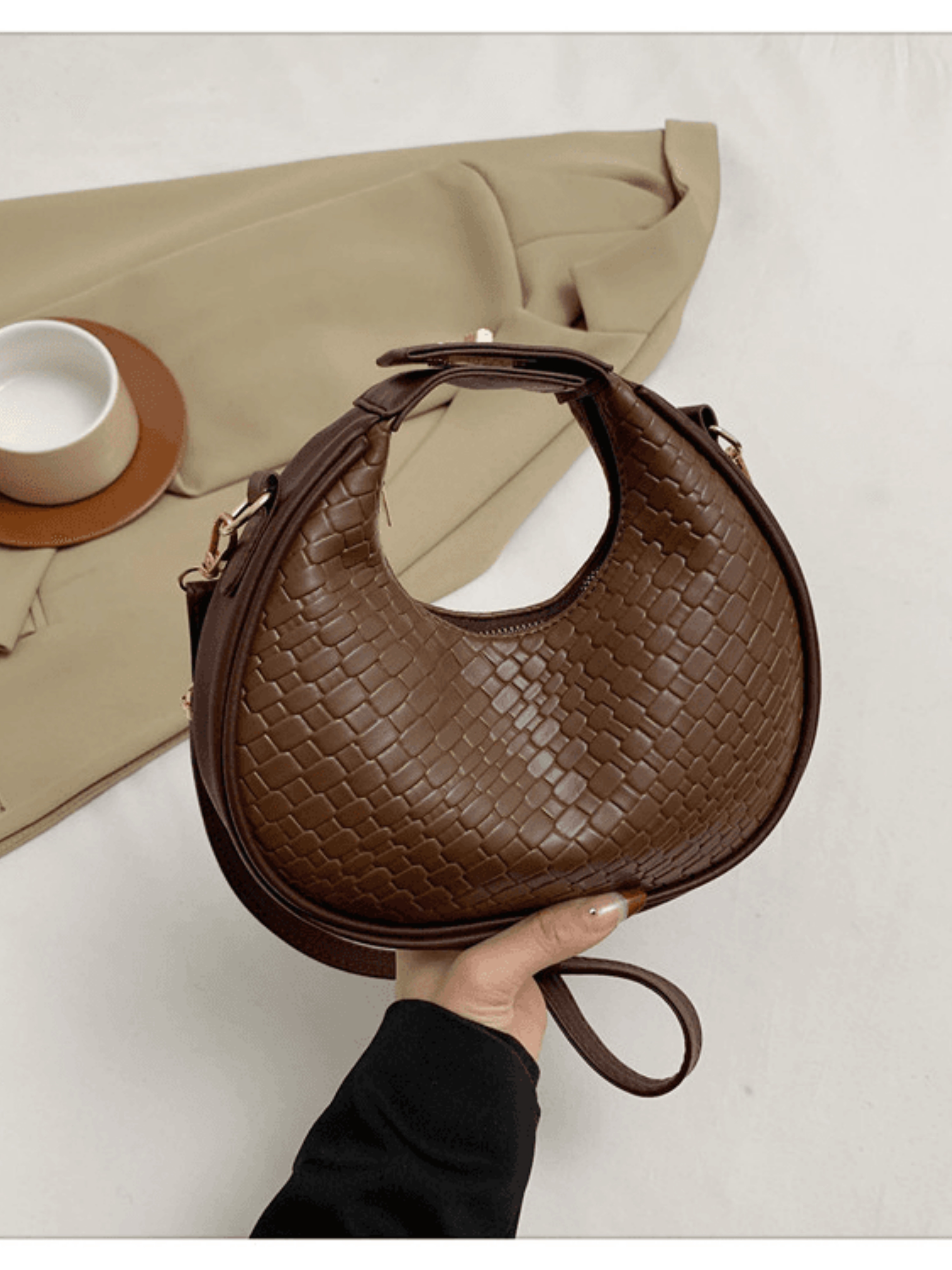 Coffee Brown Woven Shoulder Bag