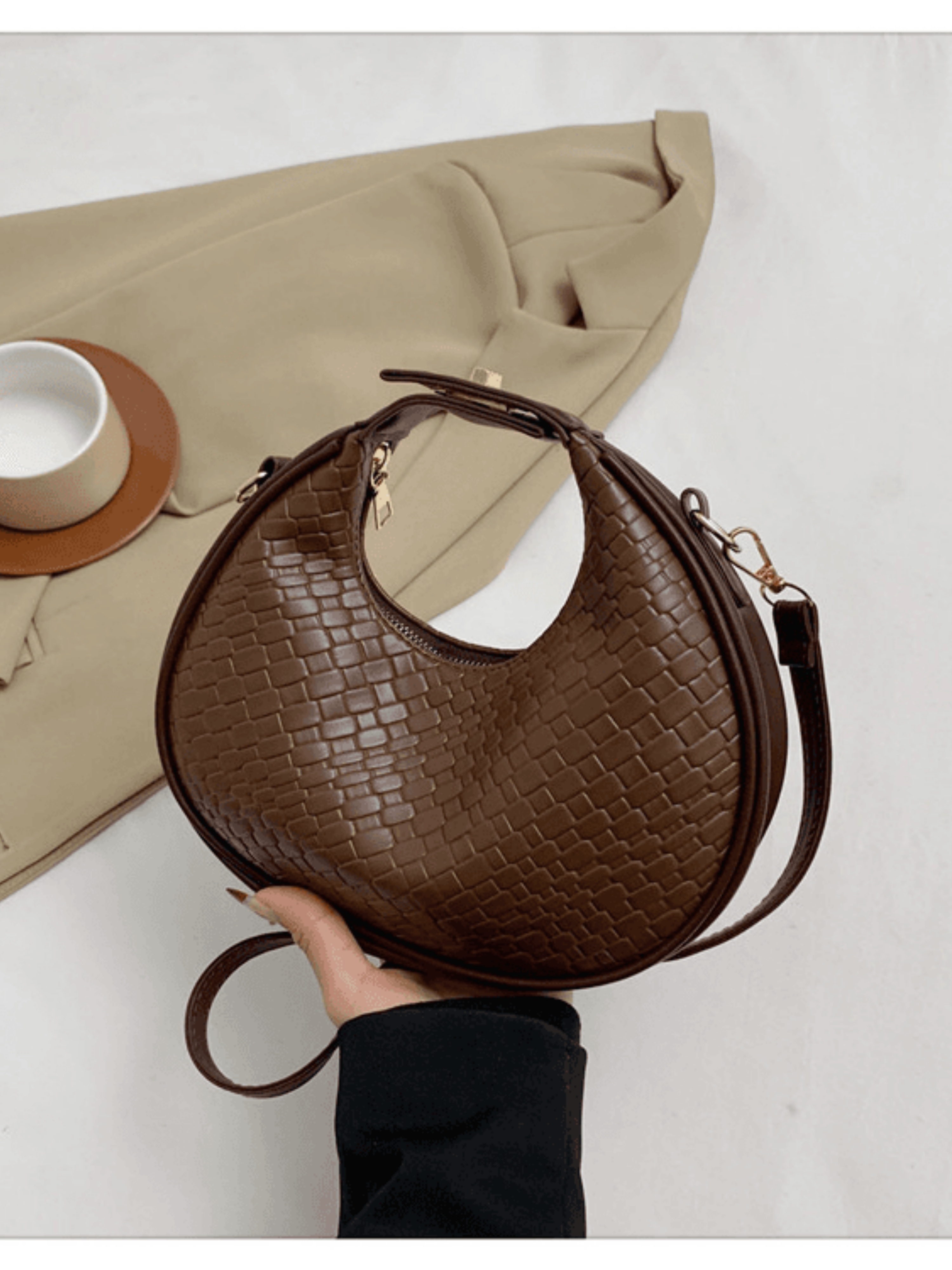 Coffee Brown Woven Shoulder Bag