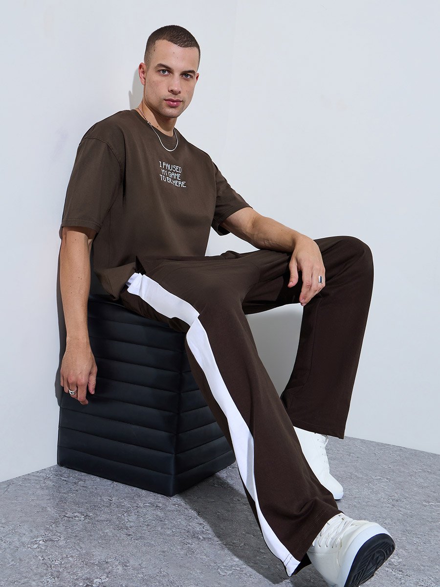 Men Brown Side Stripe Oversized Joggers