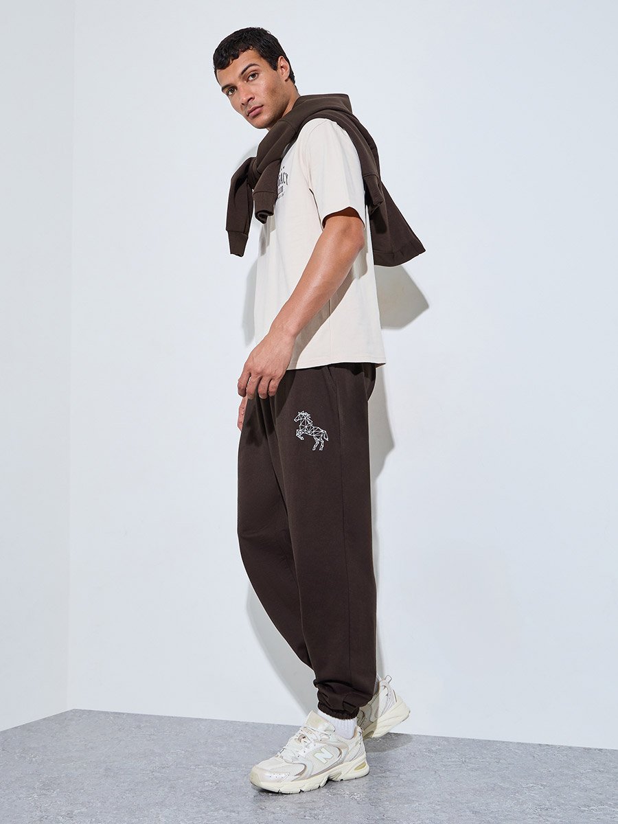 Brown Embroidered Pocket Details Full Length Joggers